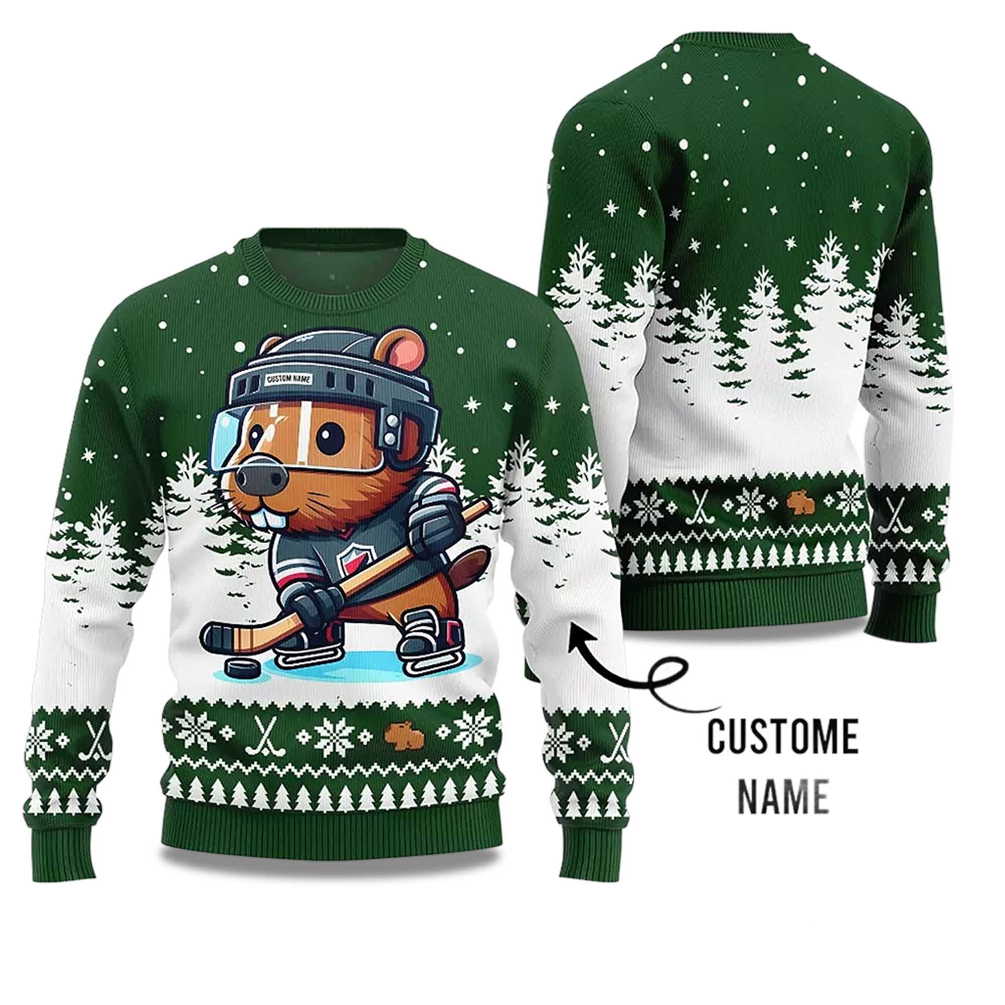 Buildercar - 2025 Capybara Playing Hockey Ugly Christmas Sweater