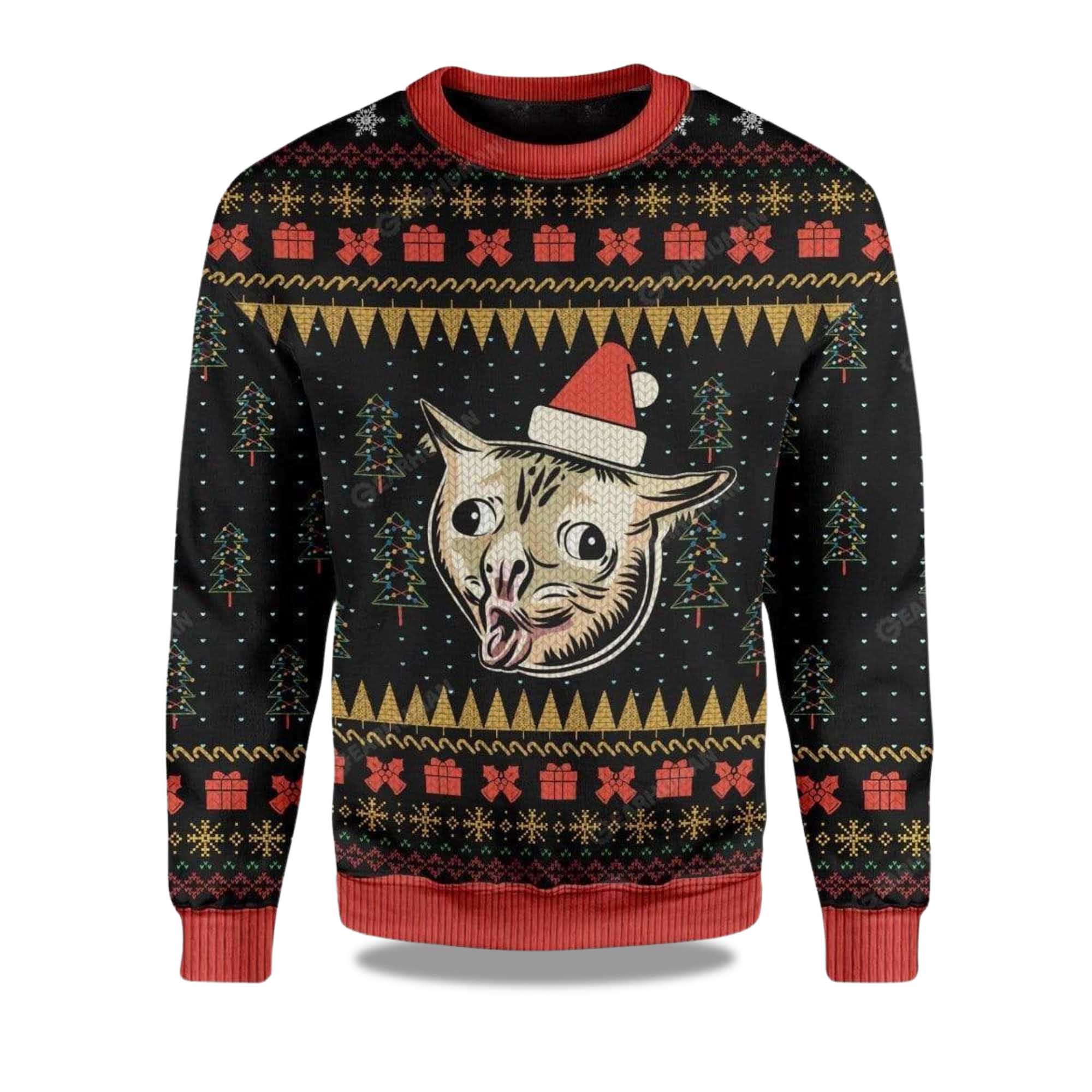 Buildercar - 2025 Coughing Cat Meme Christmas Ugly Sweater
