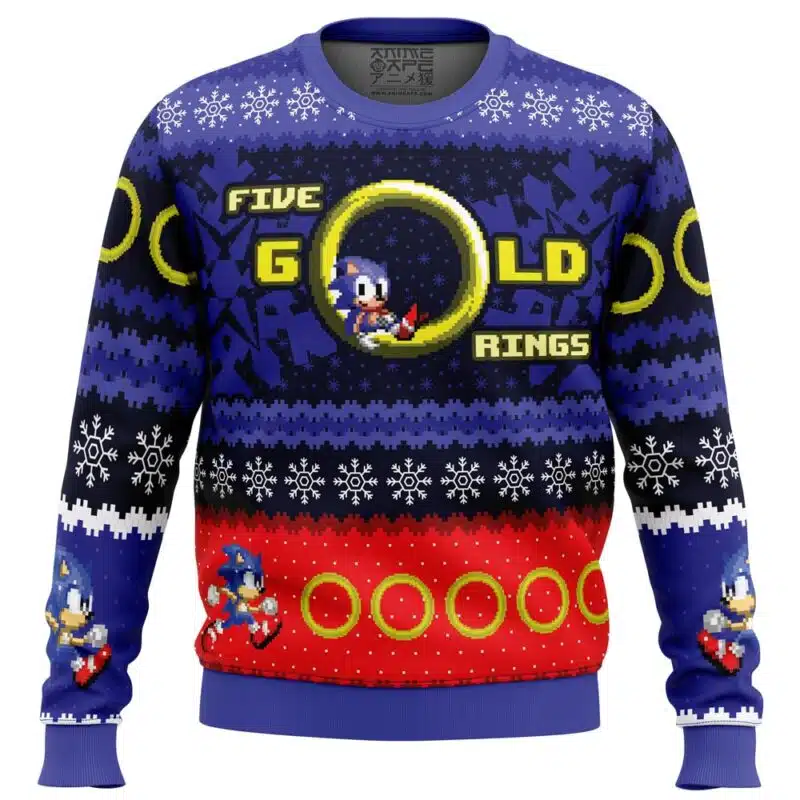 Buildercar - 5 Gold Rings Sonic the Hedgehog Ugly Christmas Sweater 