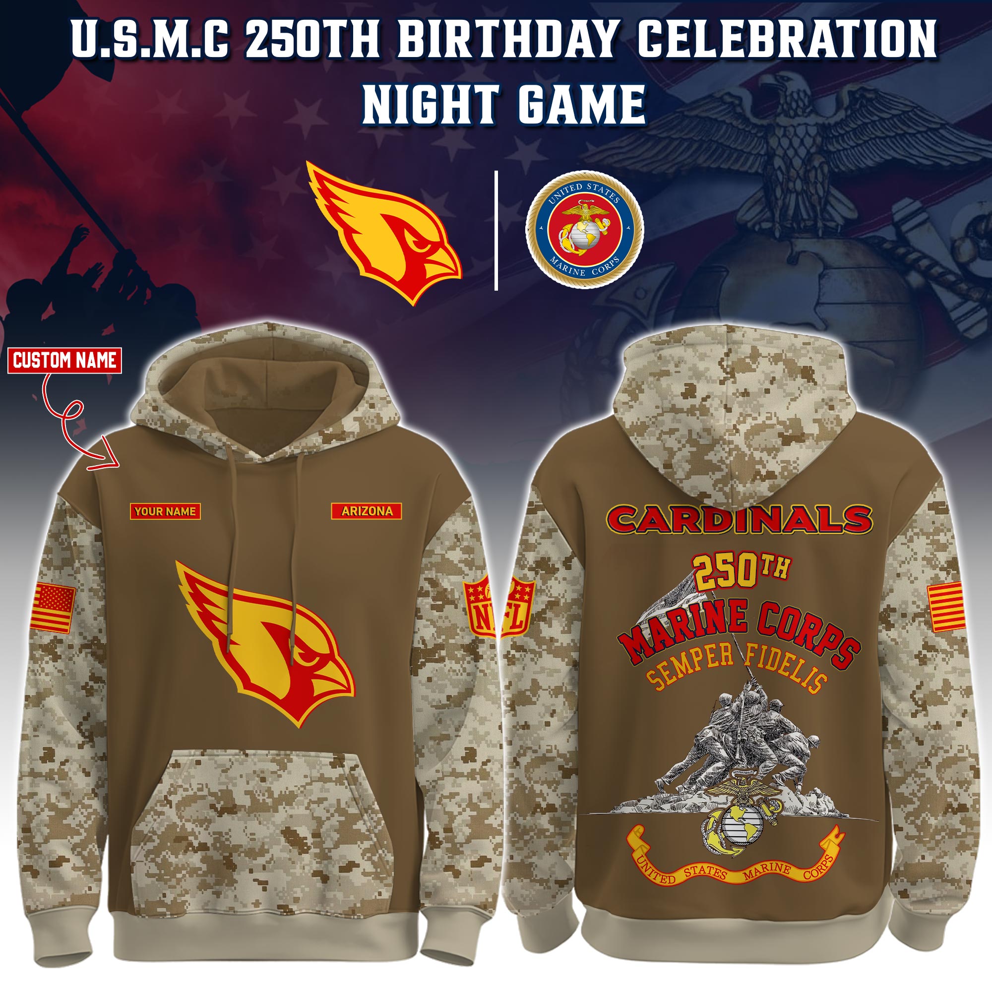 Buildercar - Arizona Cardinals-U.S.M.C 250th Birthday Personalized Hoodie Limited Edions