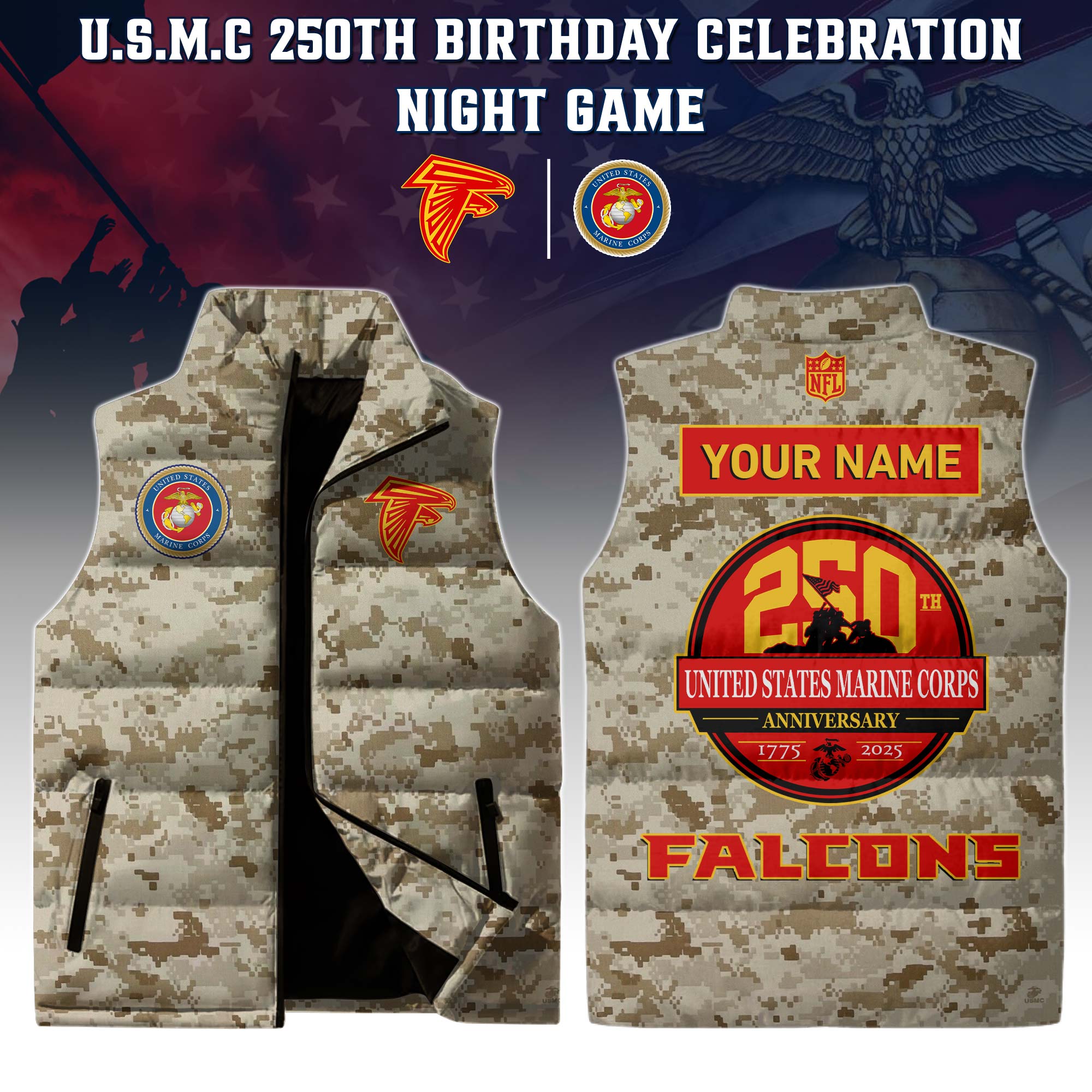 Buildercar - Atlanta Falcons-U.S.M.C 250th Birthday Limited Edions Personalized Cotton Vest Sleeveless Down Jacket