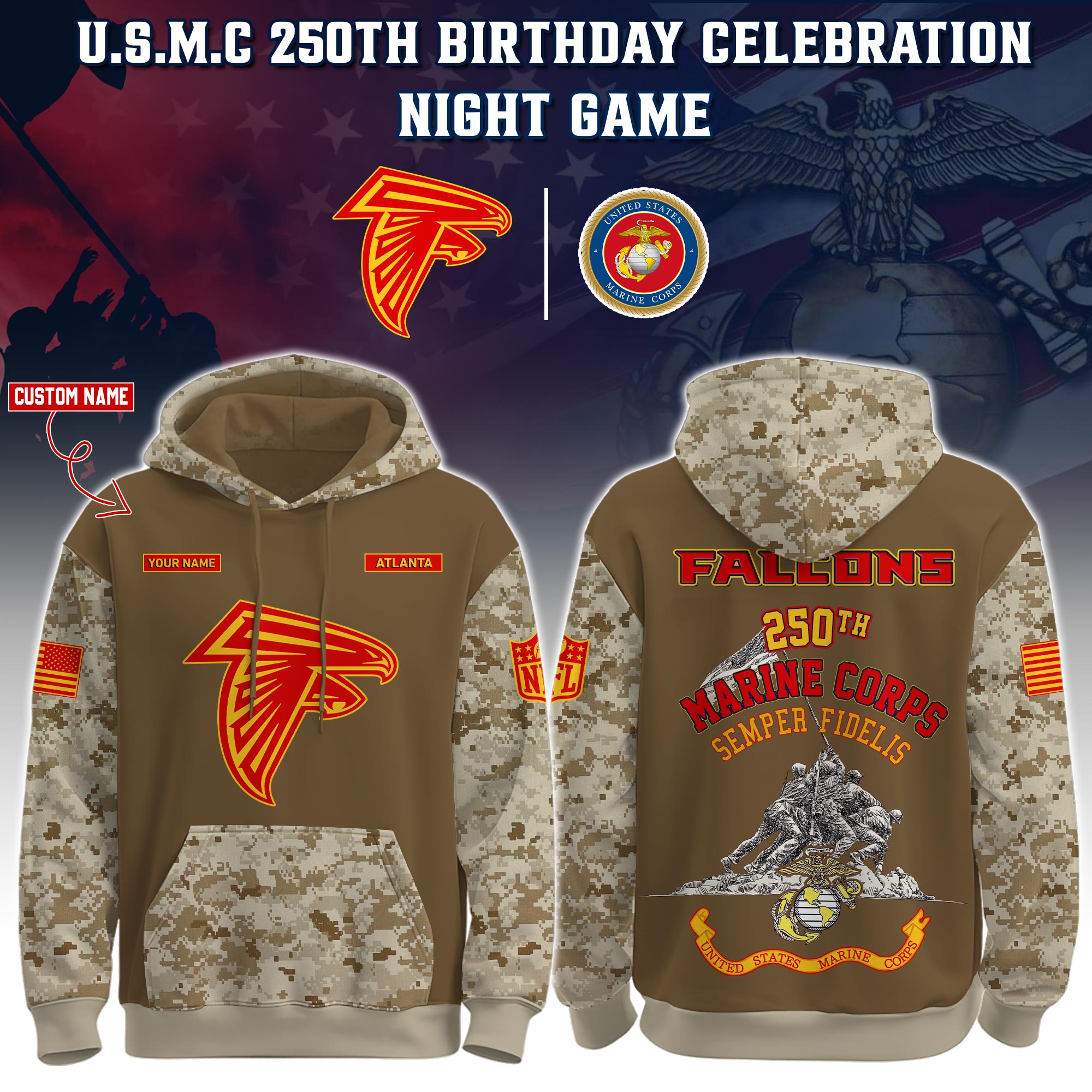 Buildercar - Atlanta Falcons-U.S.M.C 250th Birthday Personalized Hoodie Limited Edions