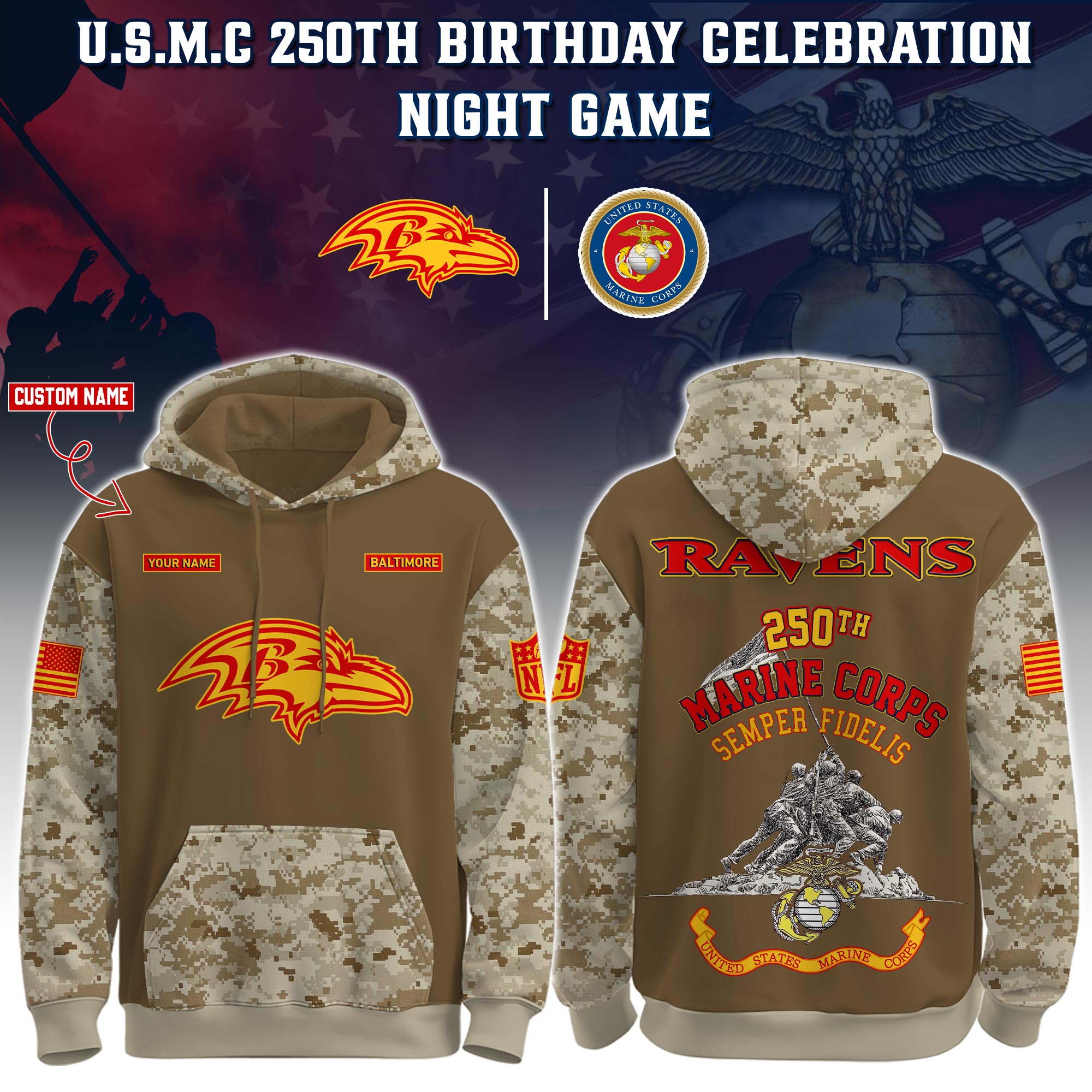 Buildercar - Baltimore Ravens-U.S.M.C 250th Birthday Personalized Hoodie Limited Edions