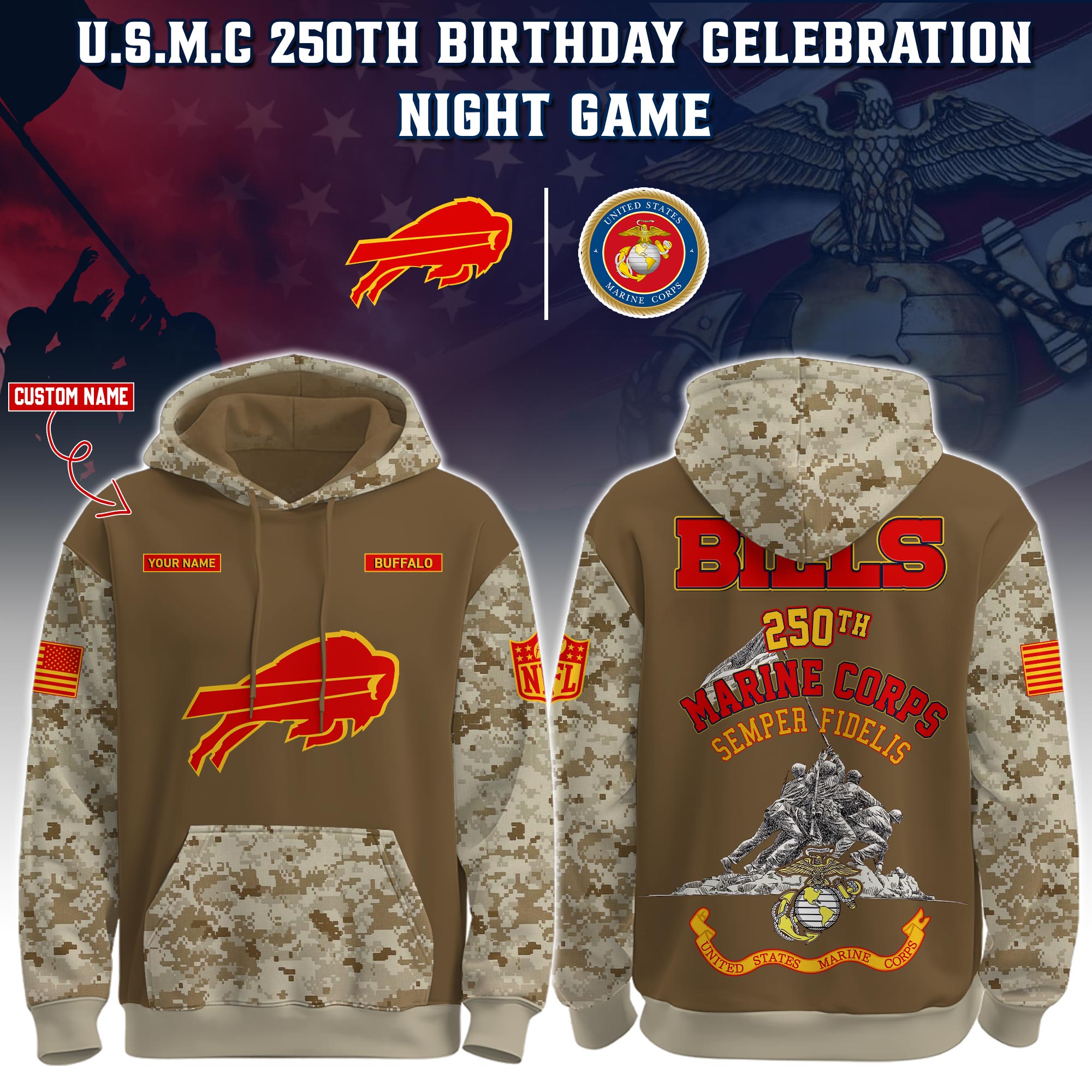 Buildercar - Buffalo Bills-U.S.M.C 250th Birthday Personalized Hoodie Limited Edions