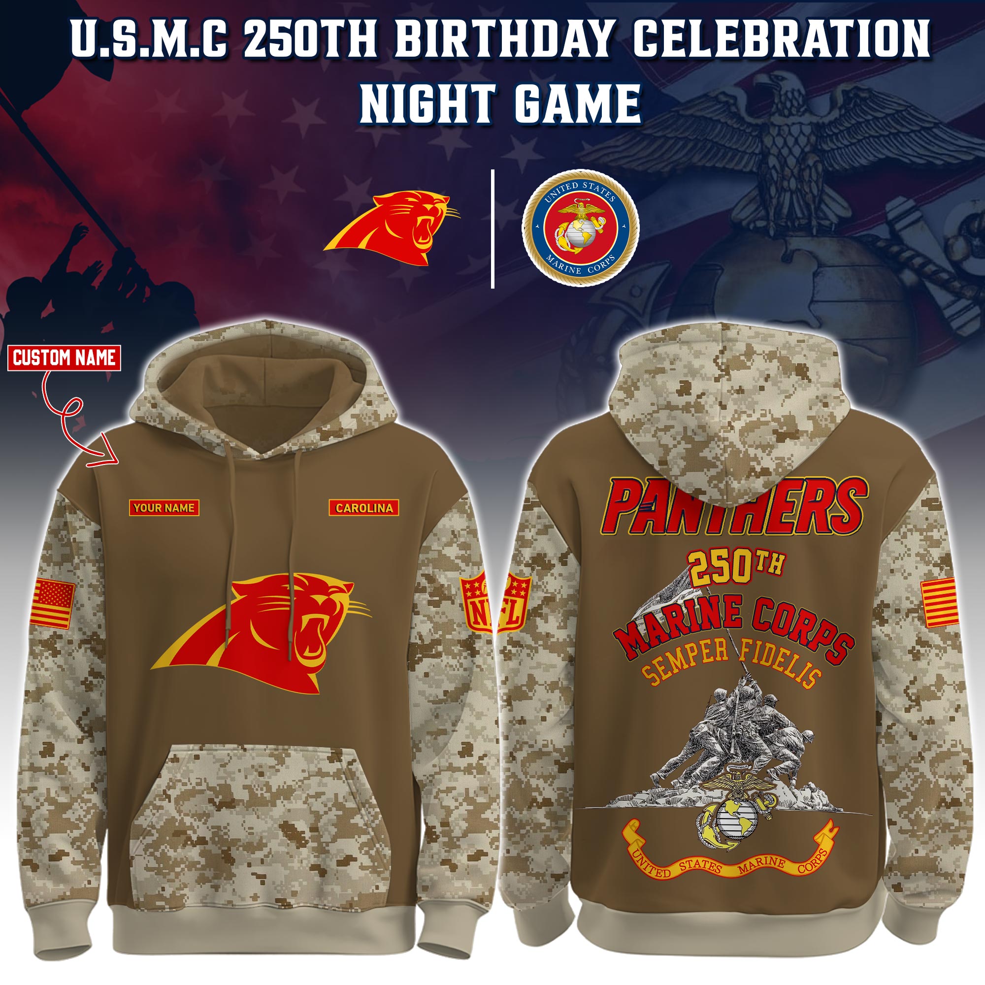 Buildercar - Carolina Panthers-U.S.M.C 250th Birthday Personalized Hoodie Limited Edions