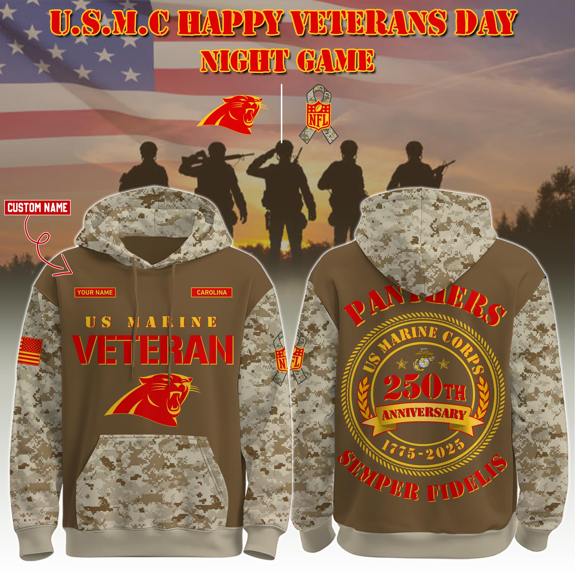Buildercar - Carolina Panthers-U.S.M.C Veteran 250th Birthday Limited Editions Personalized Hoodie