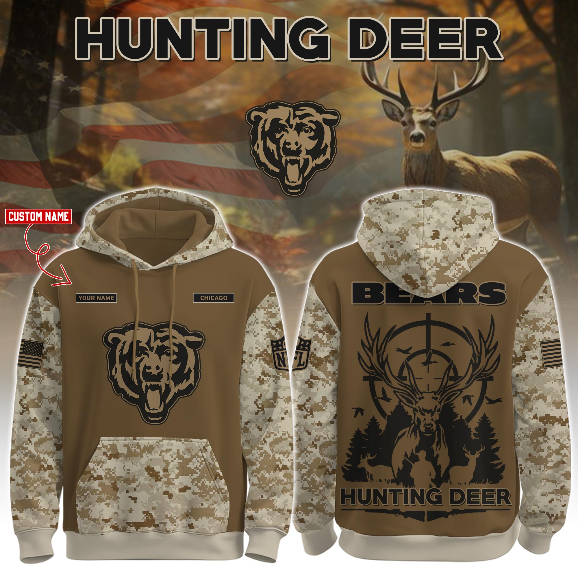 Buildercar - Chicago Bears-Hunting Deer Personalized Hoodie Limited Edions