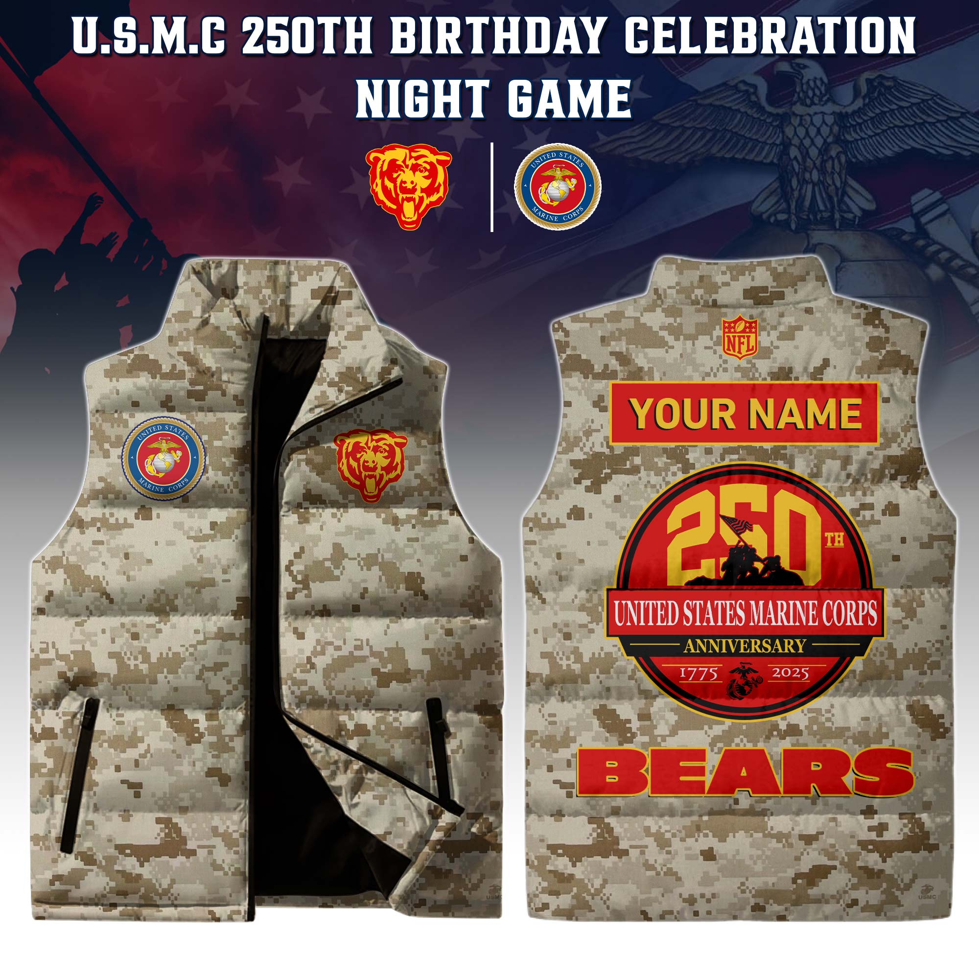 Buildercar - Chicago Bears-U.S.M.C 250th Birthday Limited Edions Personalized Cotton Vest Sleeveless Down Jacket