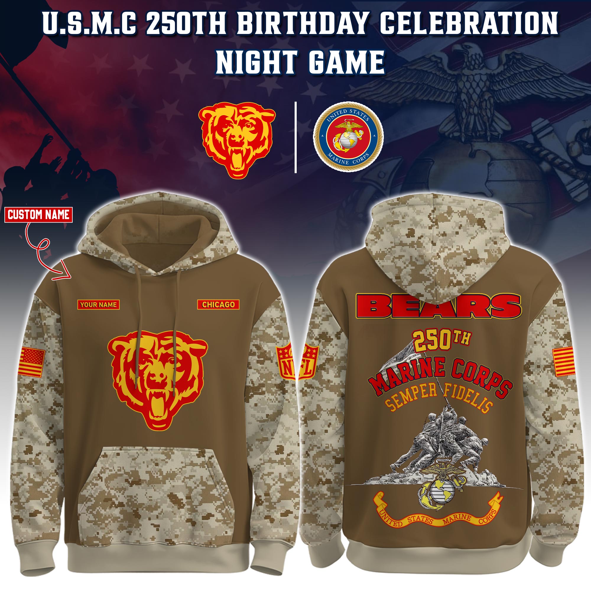Buildercar - Chicago Bears-U.S.M.C 250th Birthday Personalized Hoodie Limited Edions