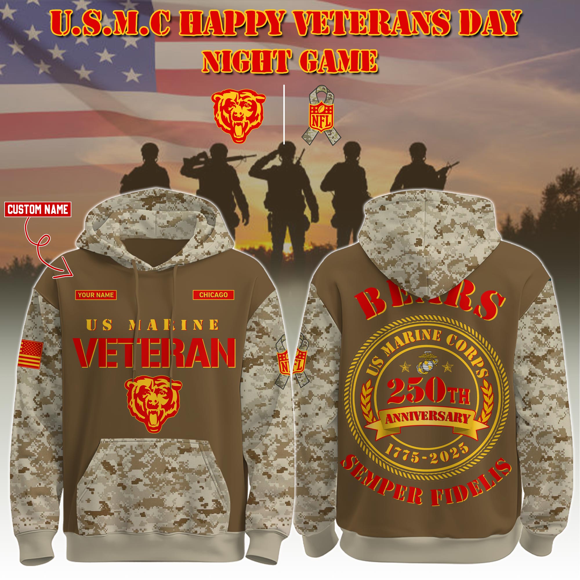 Buildercar - Chicago Bears-U.S.M.C Veteran 250th Birthday Limited Editions Personalized Hoodie