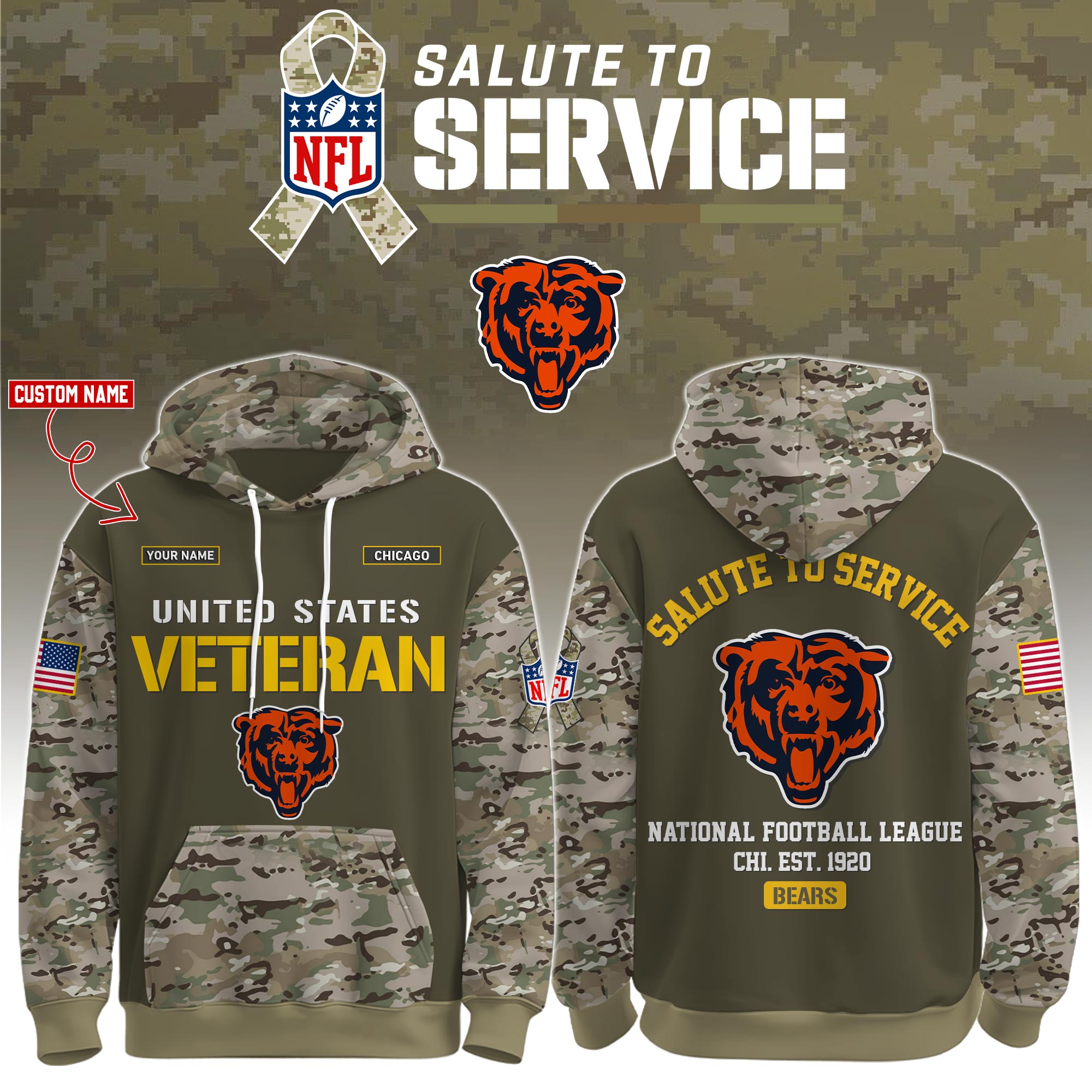 Buildercar - Chicago Bears-Veteran Birthday Limited Editions Personalized Hoodie