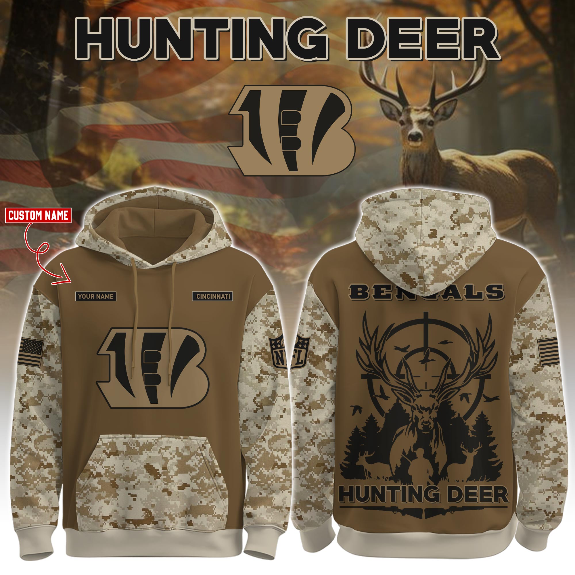 Buildercar - Cincinnati Bengals-Hunting Deer Personalized Hoodie Limited Edions