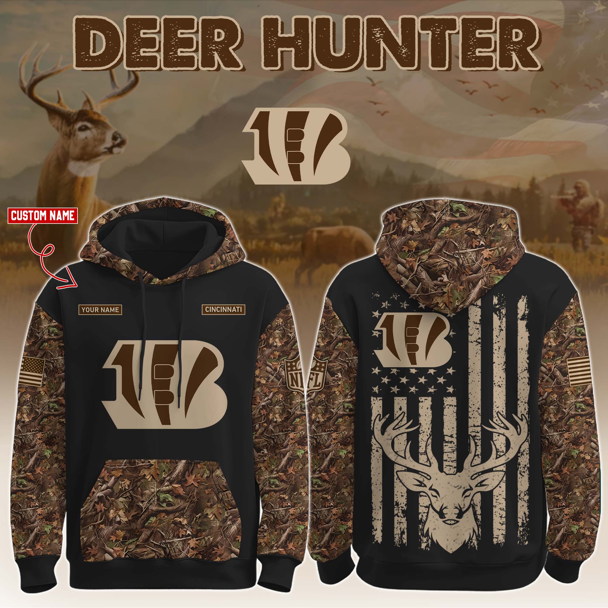 Buildercar - Cincinnati Bengals-Hunting Limited Editions Personalized Hoodie Personalized Hoodie