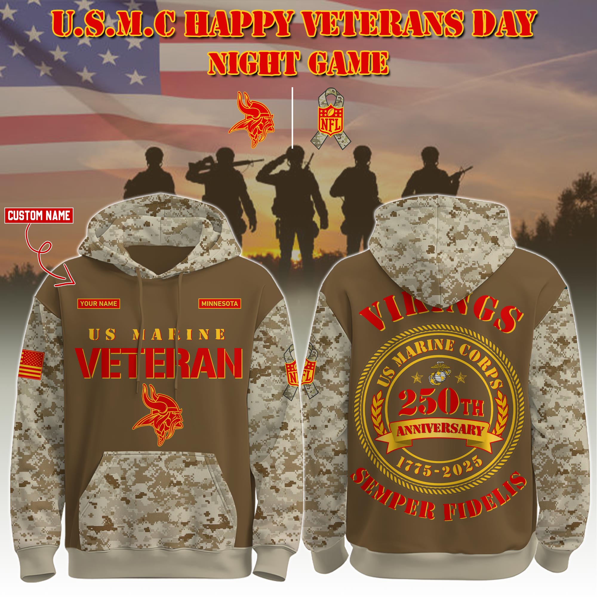 Buildercar - Minnesota Vikings-U.S.M.C Veteran 250th Birthday Limited Editions Personalized Hoodie