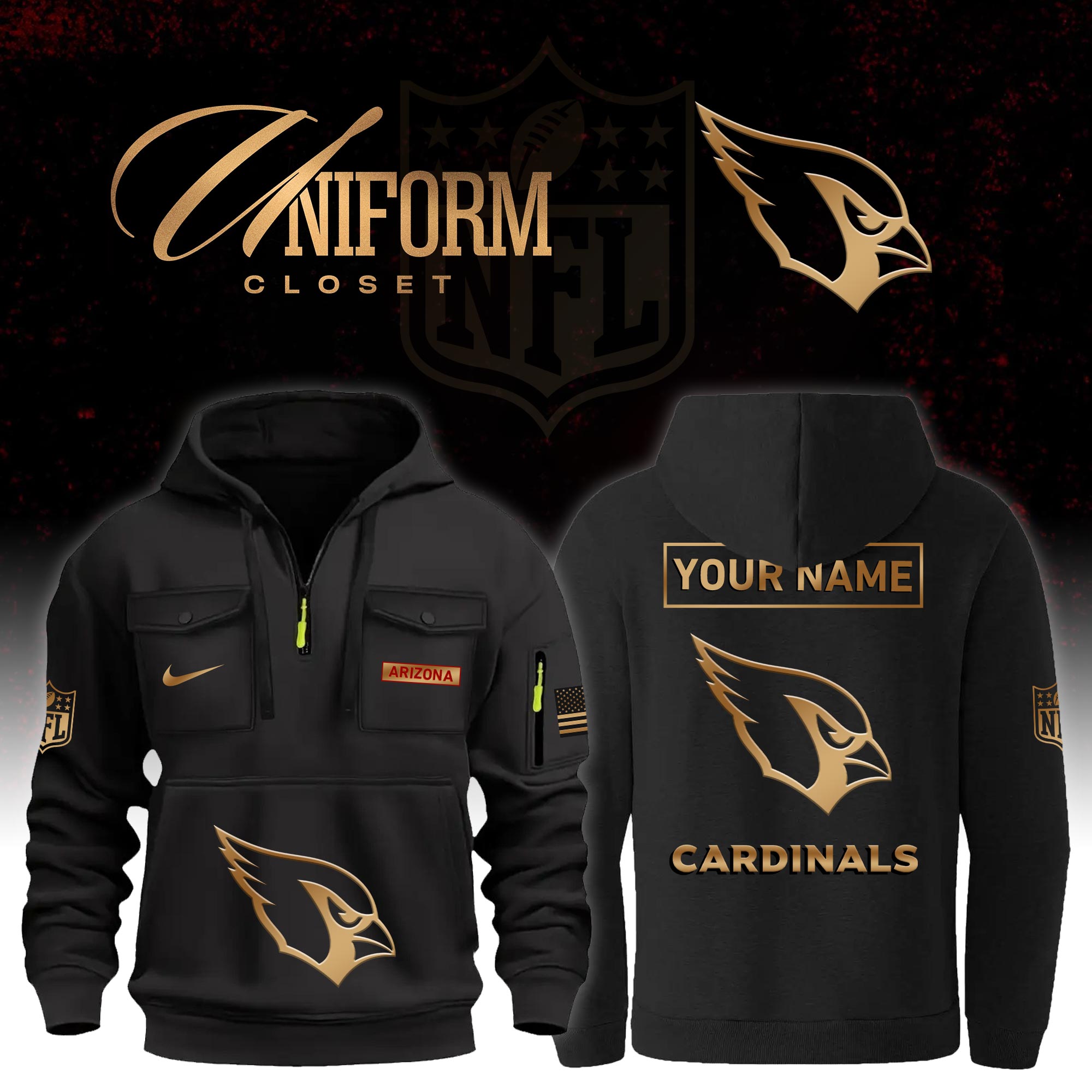 Buildercar - NFL Arizona Cardinals Custom Name Football Multi Pocket Hoodie