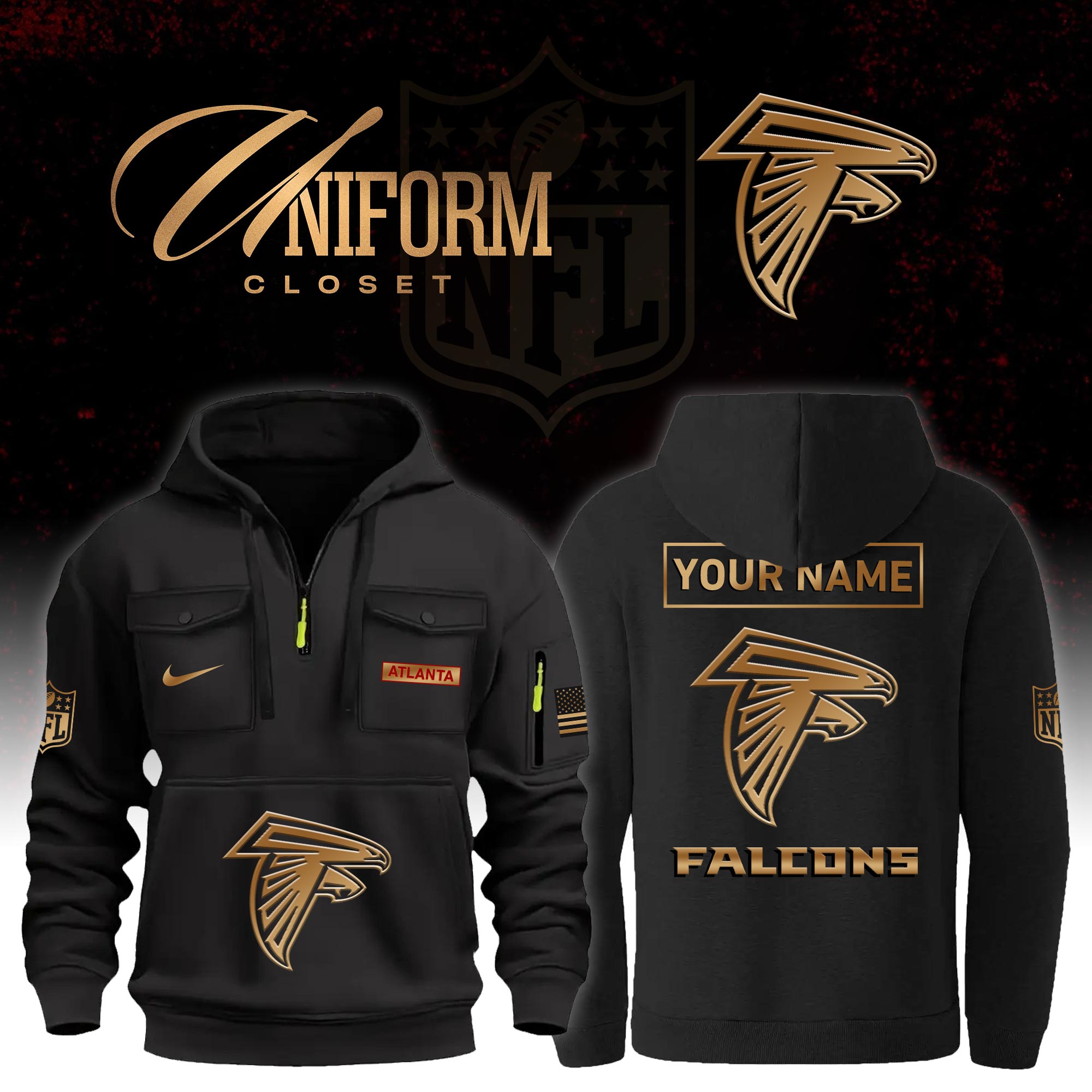 Buildercar - NFL Atlanta Falcons Custom Name Football Multi Pocket Hoodie