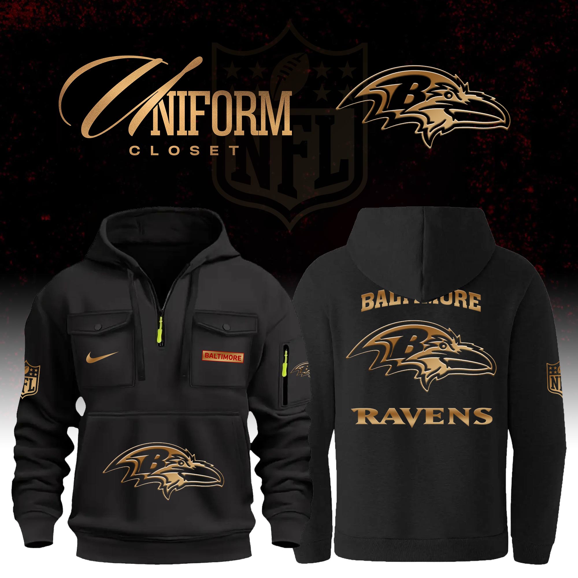 Buildercar - NFL Baltimore Ravens Custom Name Football Multi Pocket Hoodie