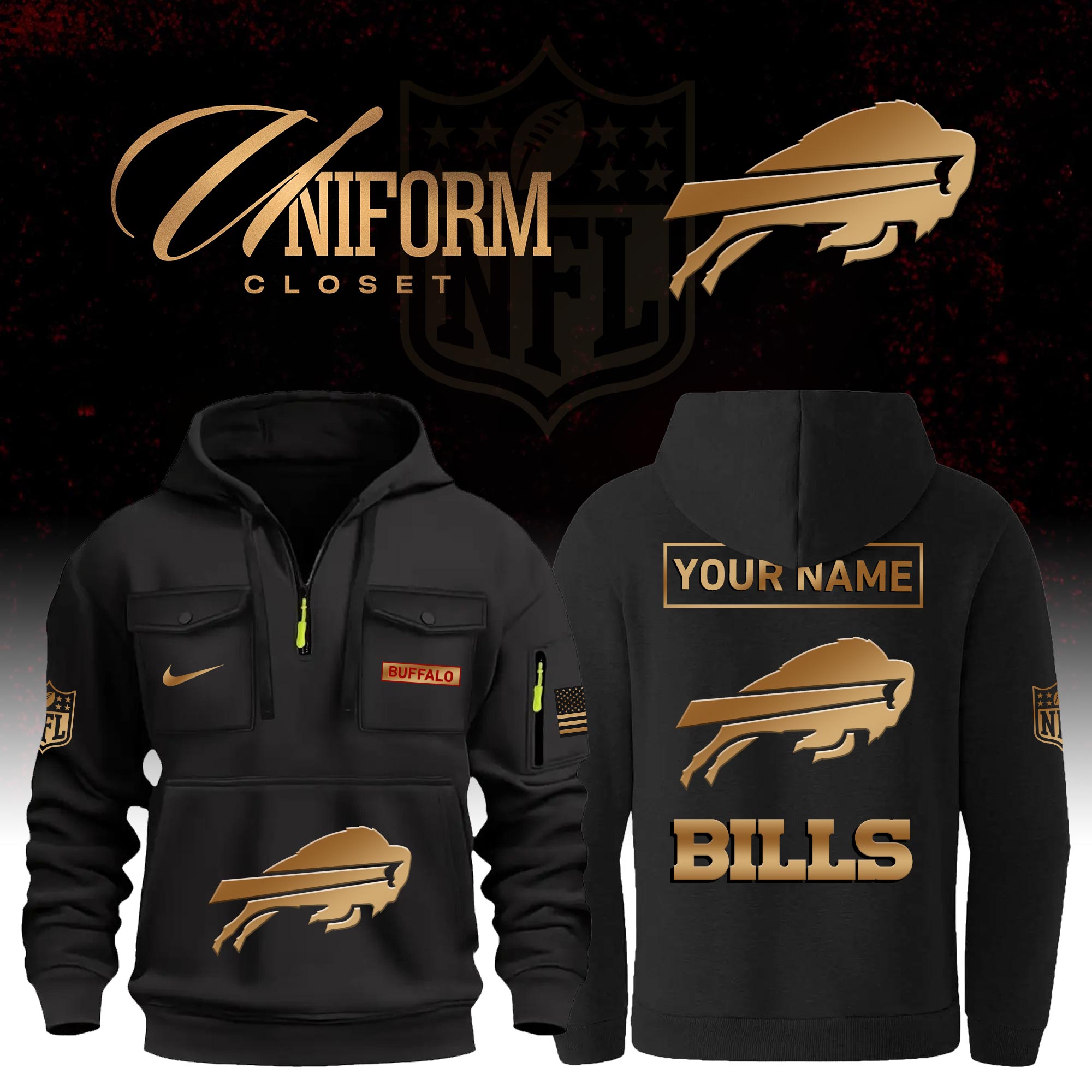 Buildercar - NFL Buffalo Bills Custom Name Football Multi Pocket Hoodie