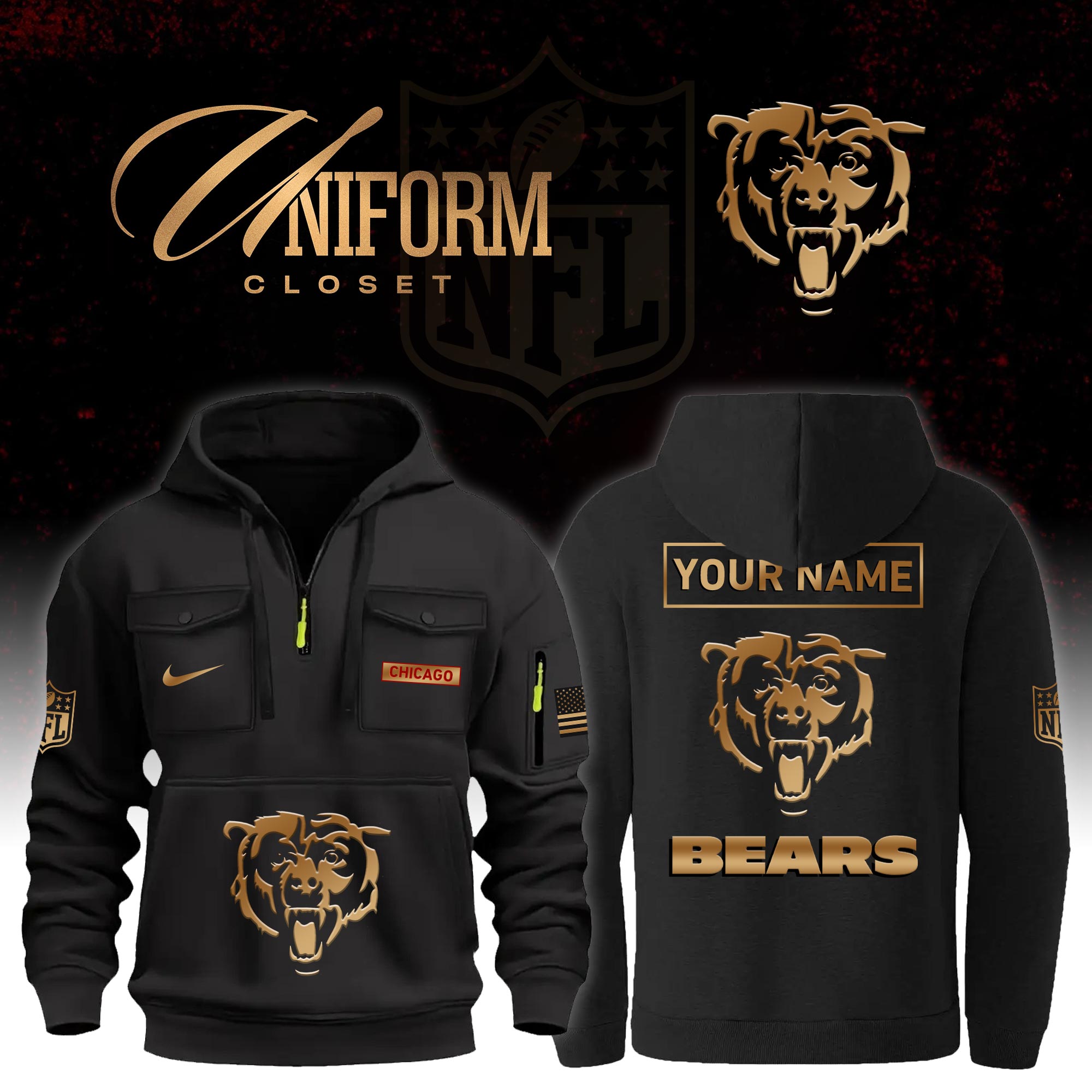Buildercar - NFL Chicago Bears Custom Name Football Multi Pocket Hoodie
