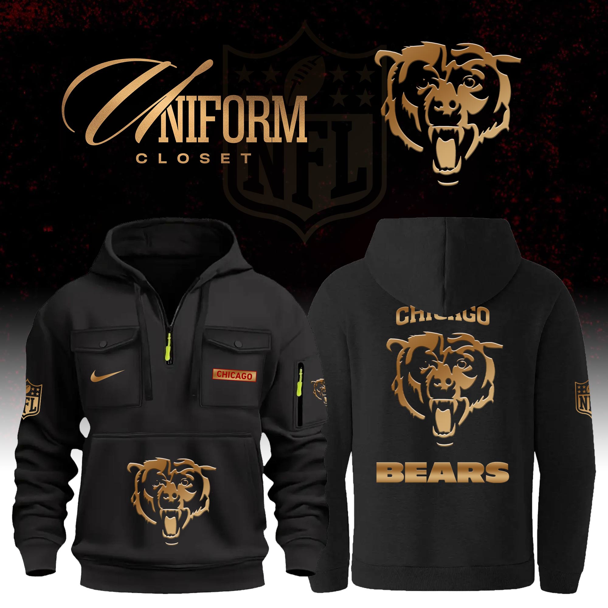 Buildercar - NFL Chicago Bears Custom Name Football Multi Pocket Hoodie