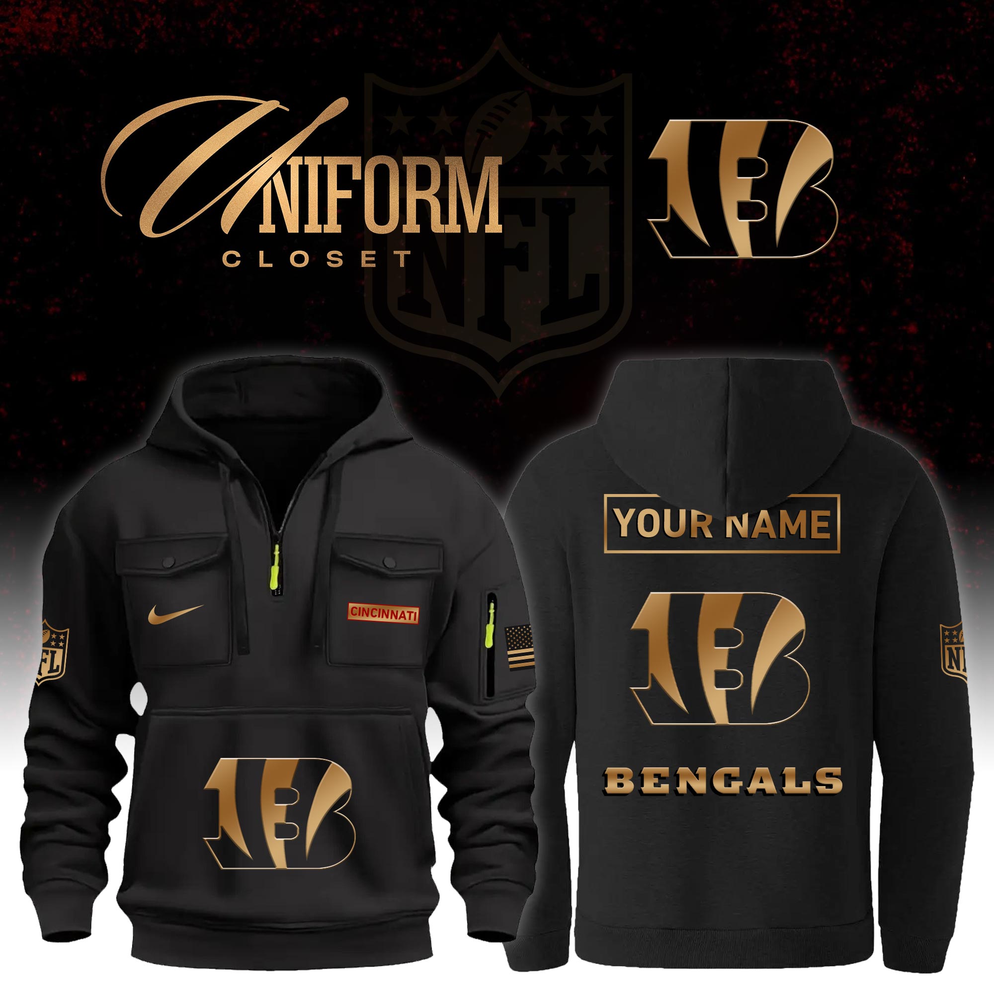 Buildercar - NFL Cincinnati Bengals Custom Name Football Multi Pocket Hoodie