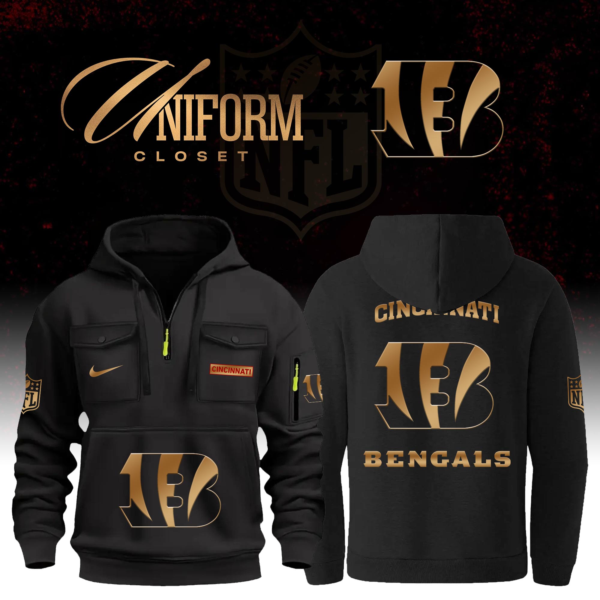 Buildercar - NFL Cincinnati Bengals Custom Name Football Multi Pocket Hoodie