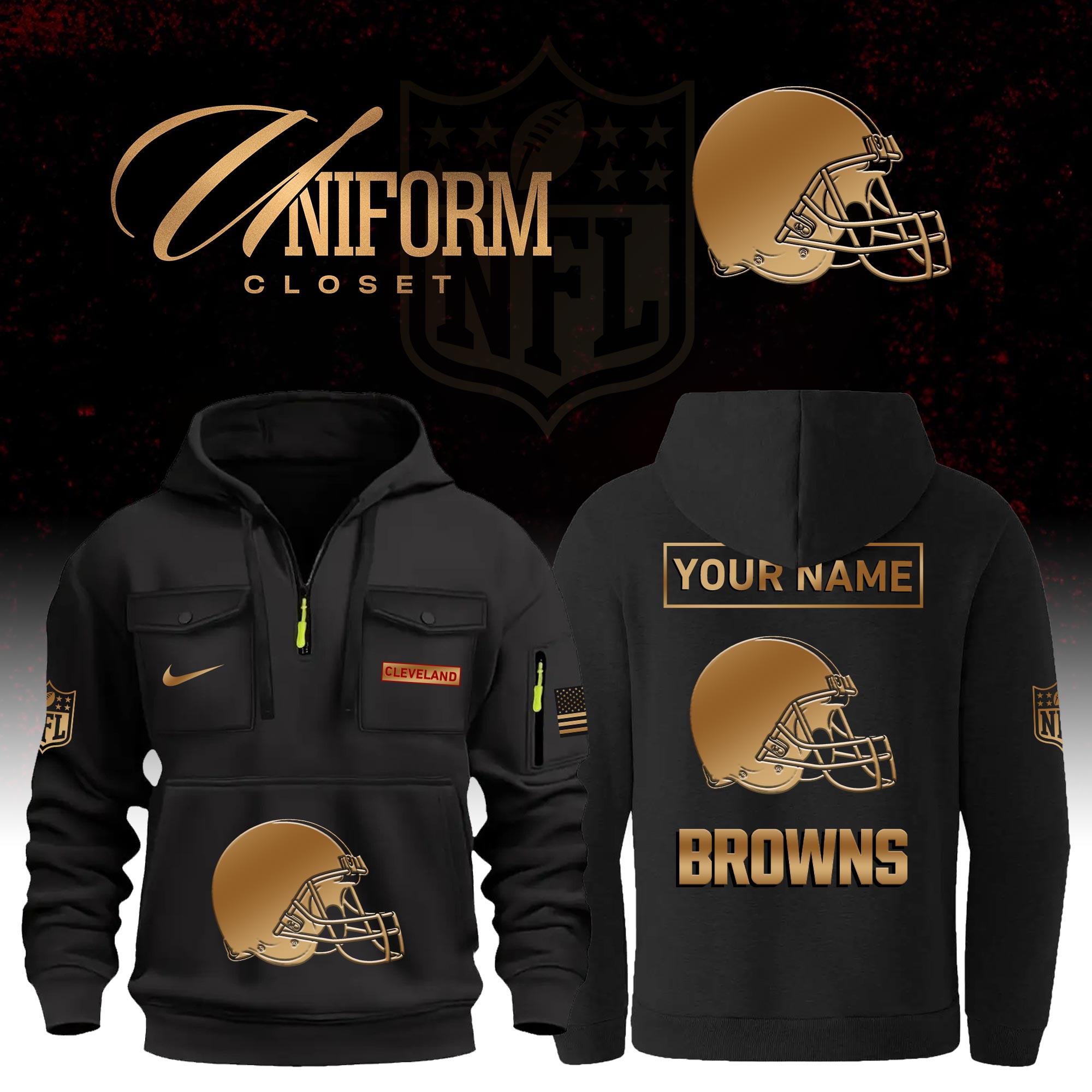Buildercar - NFL Cleveland Browns Custom Name Football Multi Pocket Hoodie