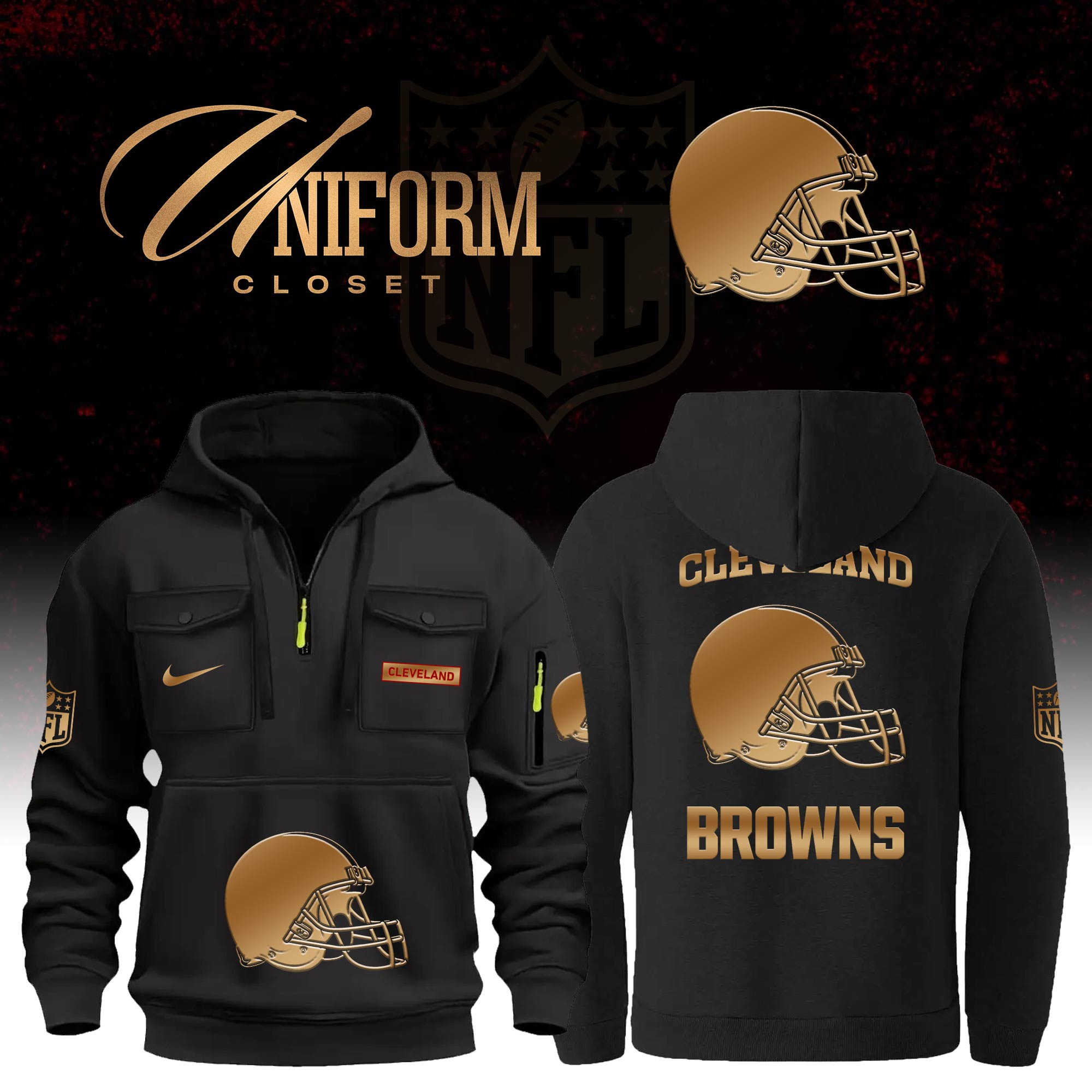 Buildercar - NFL Cleveland Browns Custom Name Football Multi Pocket Hoodie