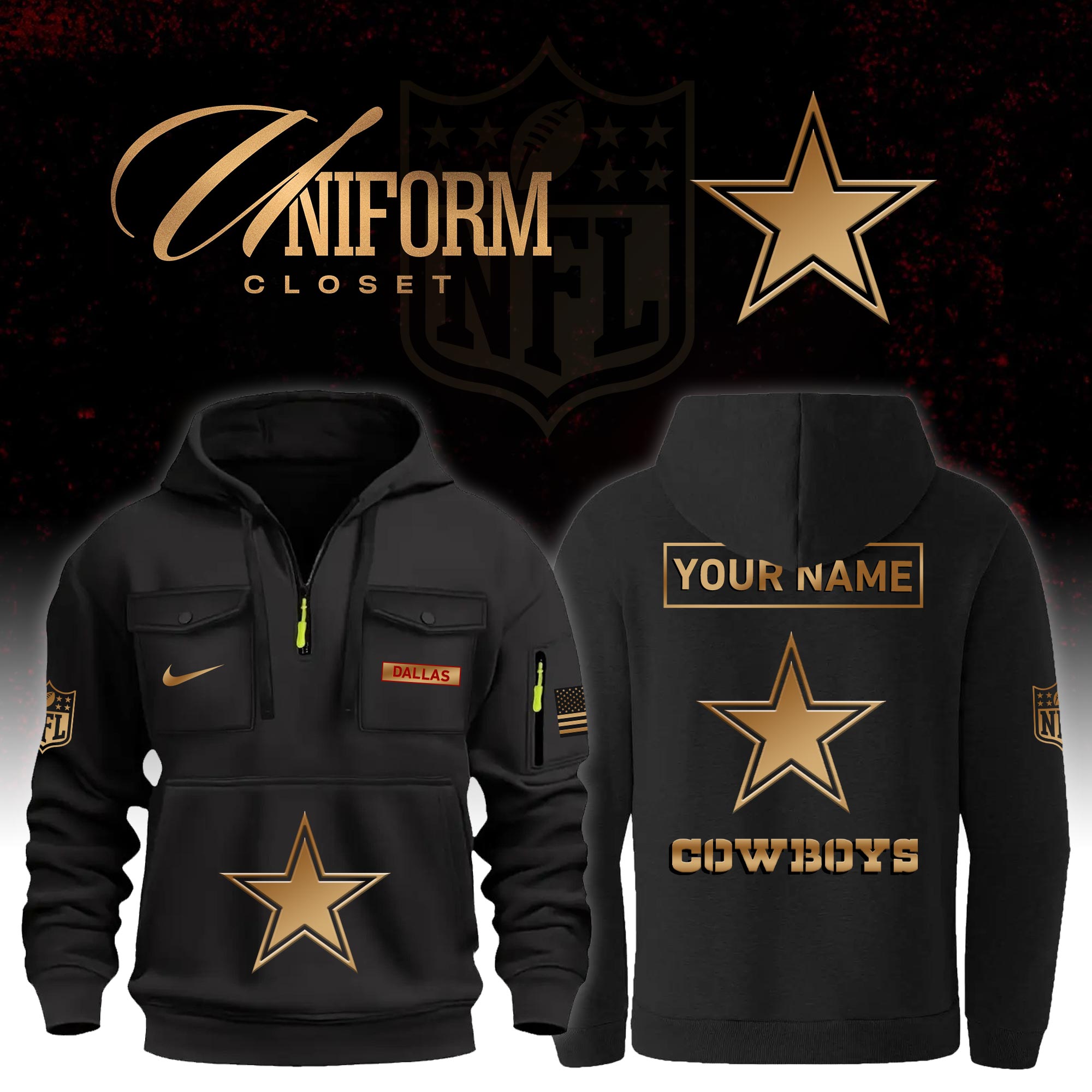 Buildercar - NFL Dallas Cowboys Custom Name Football Multi Pocket Hoodie