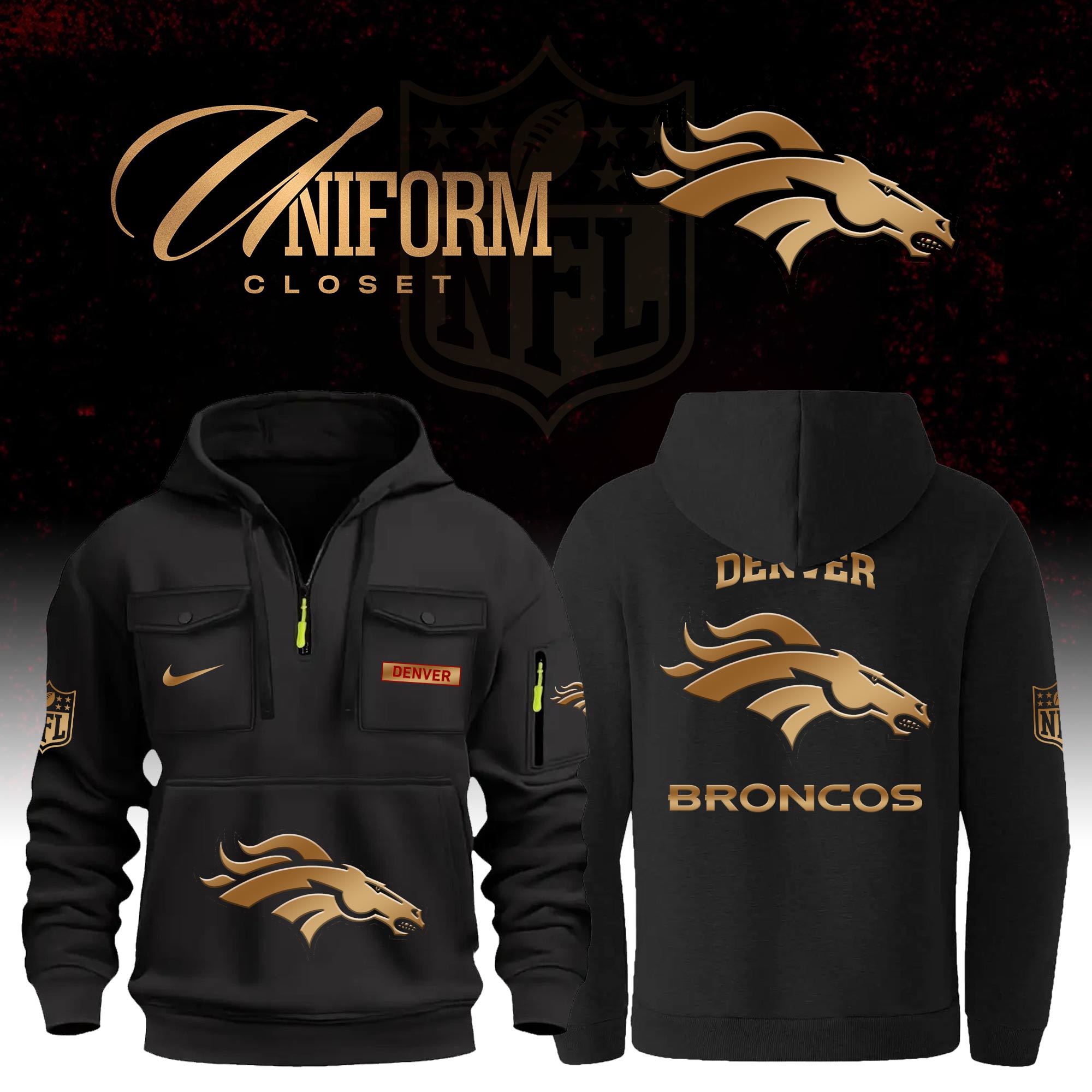 Buildercar - NFL Denver Broncos Custom Name Football Multi Pocket Hoodie