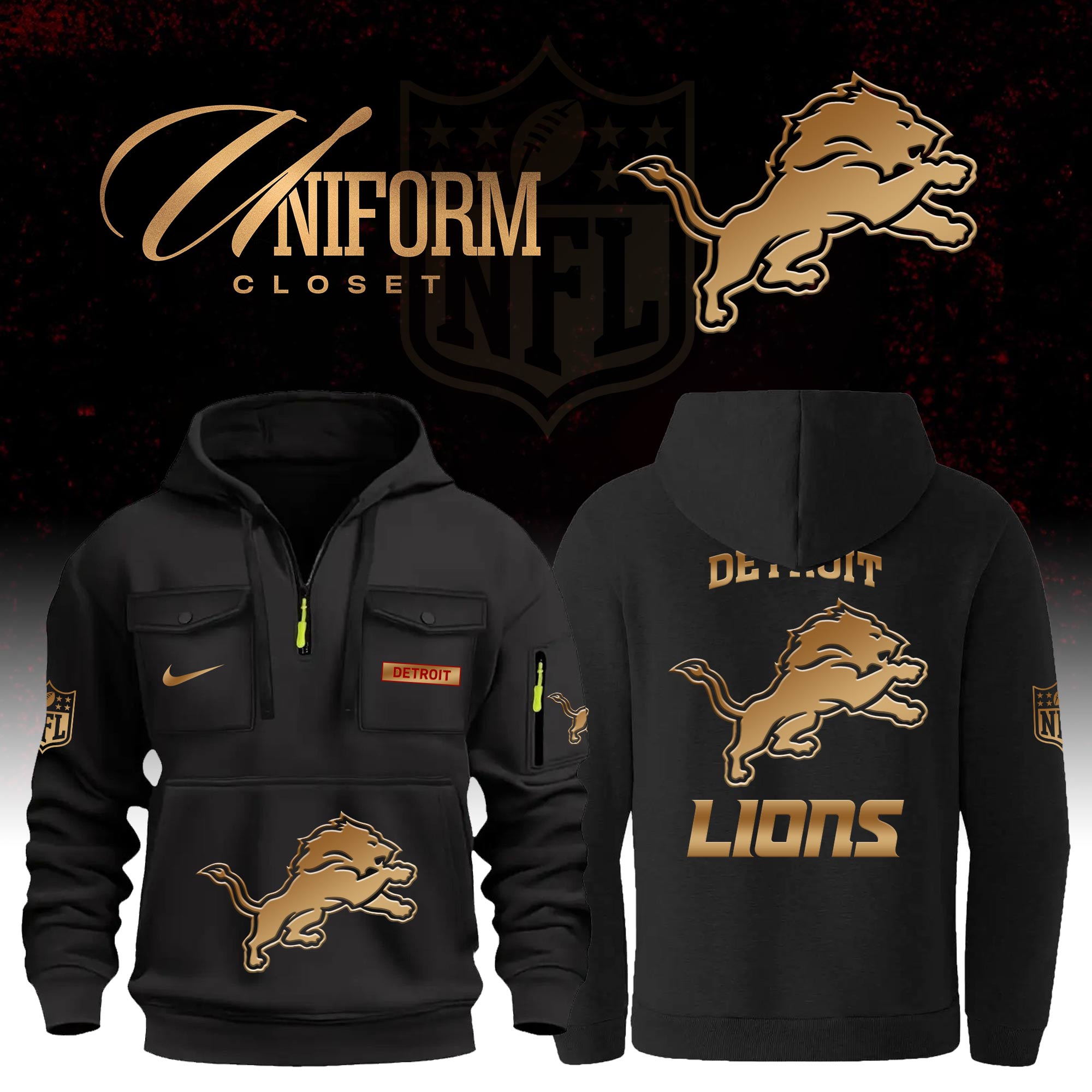 Buildercar - NFL Detroit Lions Custom Name Football Multi Pocket Hoodie