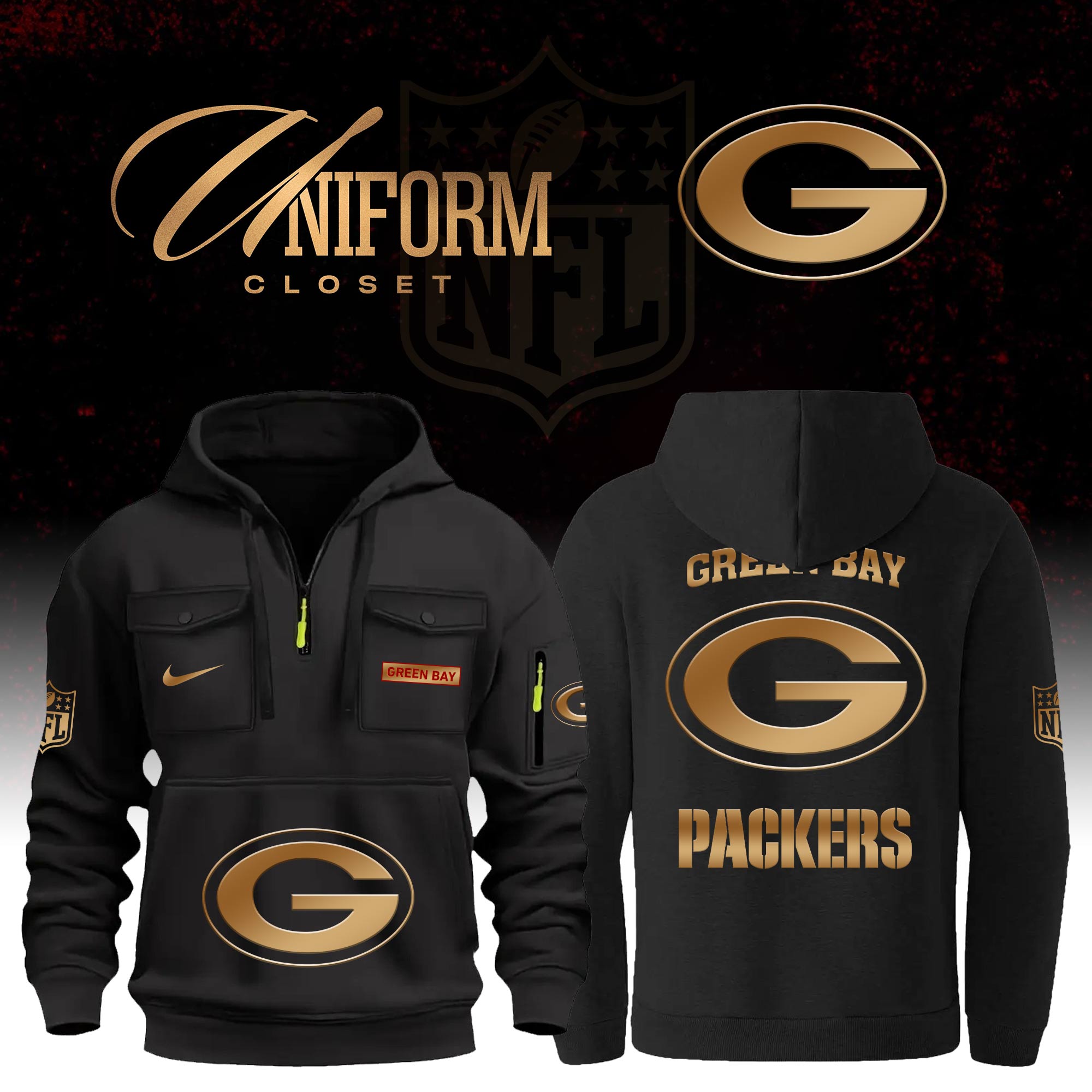 Buildercar - NFL Green Bay Packers Custom Name Football Multi Pocket Hoodie