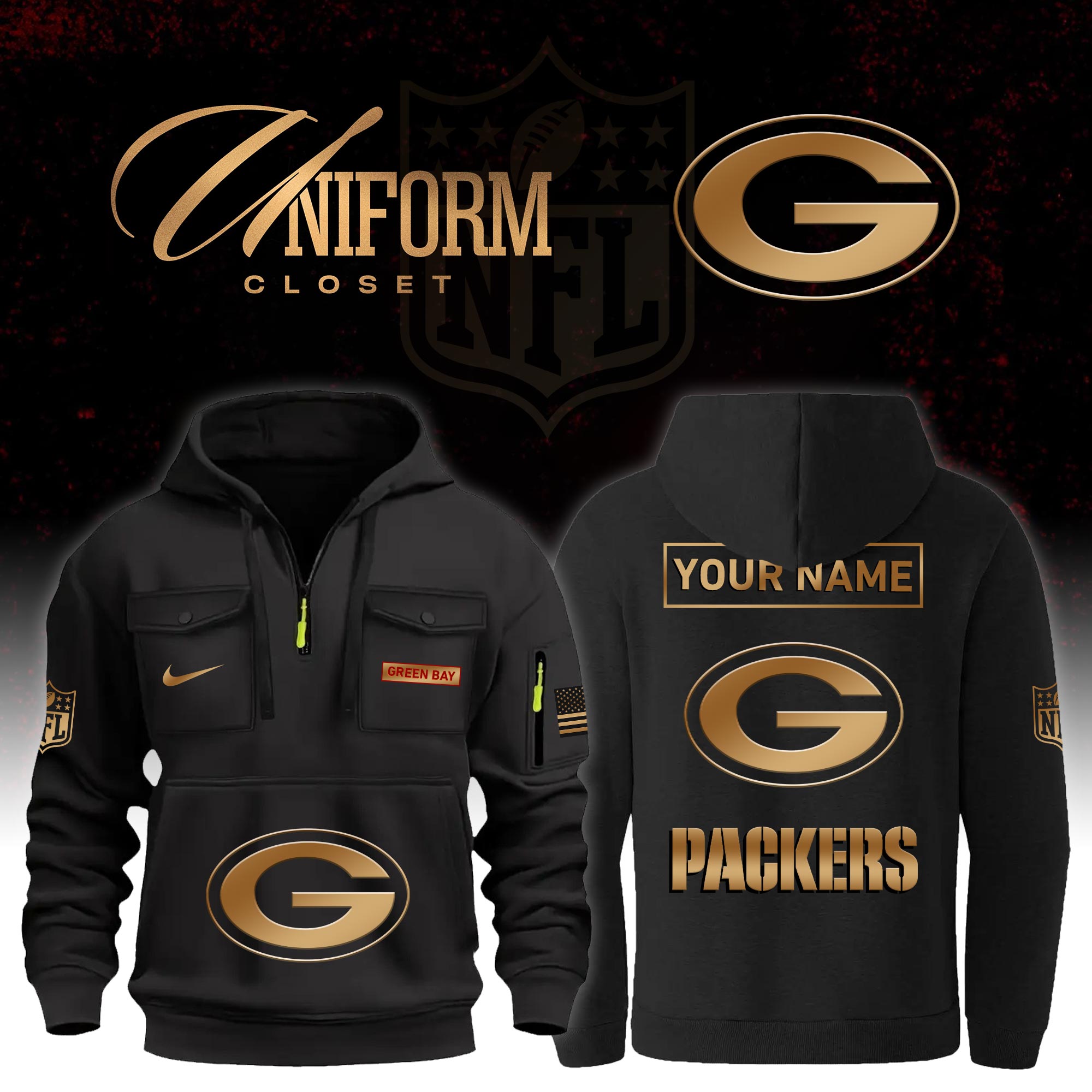 Buildercar - NFL Green Bay Packers Custom Name Football Multi Pocket Hoodie
