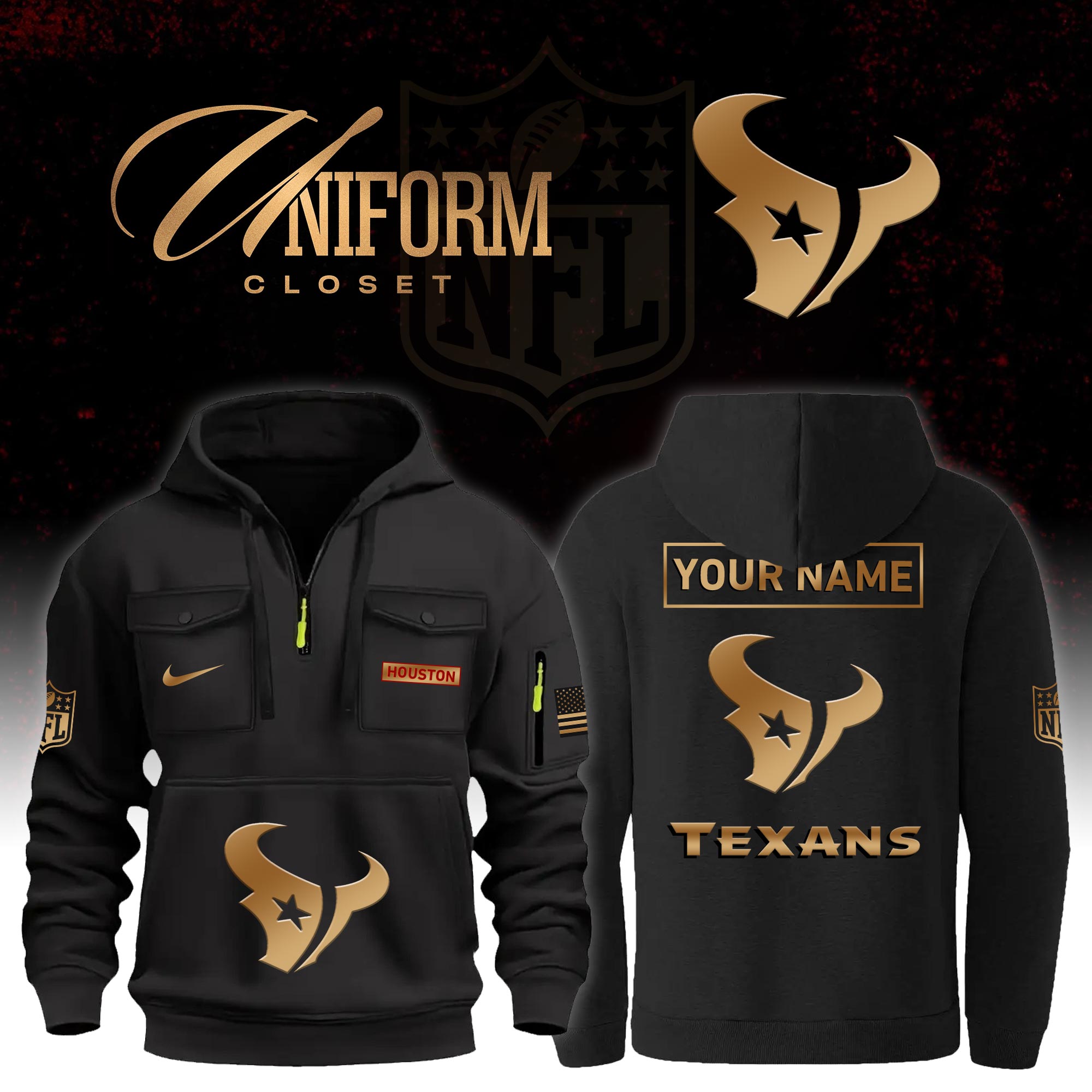Buildercar - NFL Houston Texans Custom Name Football Multi Pocket Hoodie