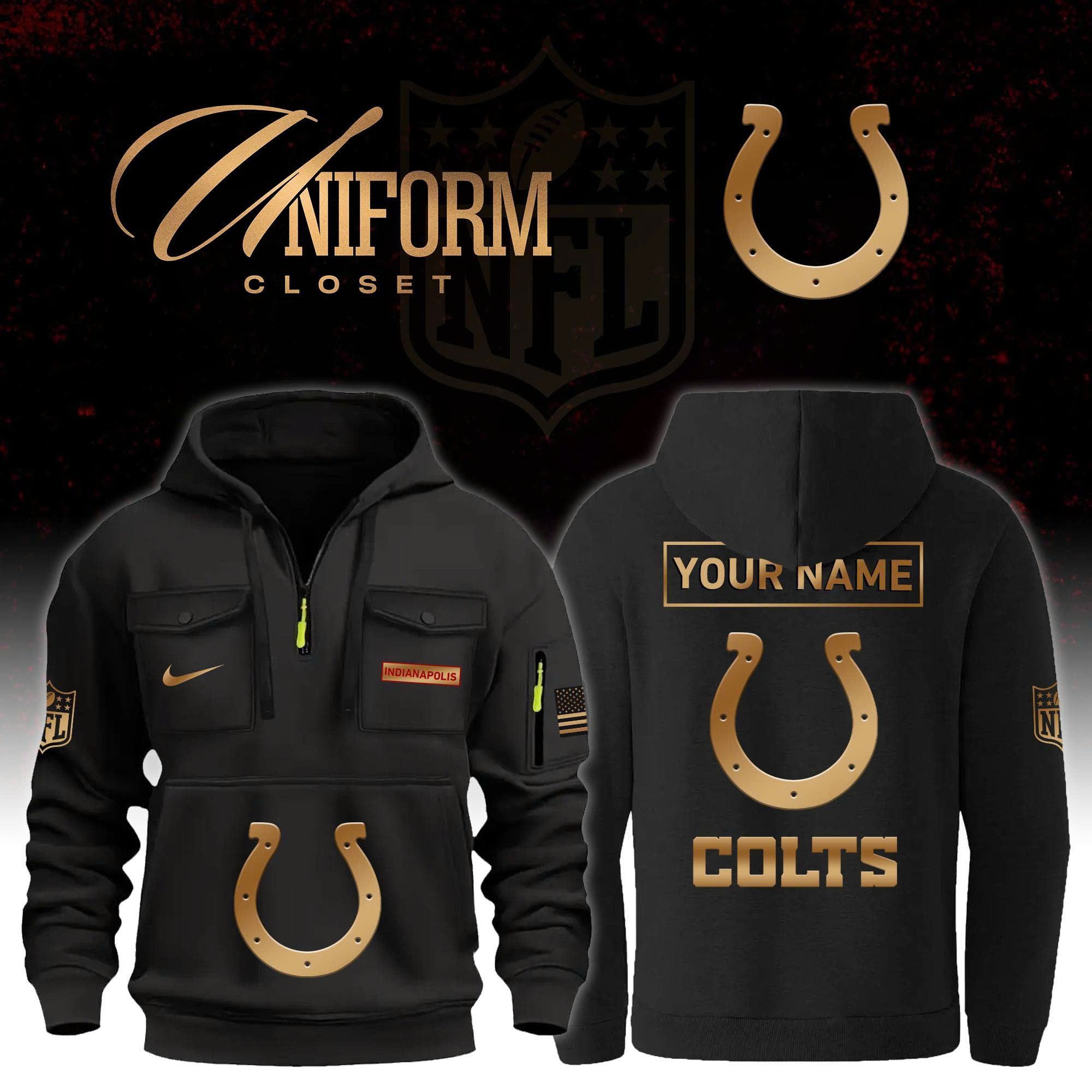 Buildercar - NFL Indianapolis Colts Custom Name Football Multi Pocket Hoodie