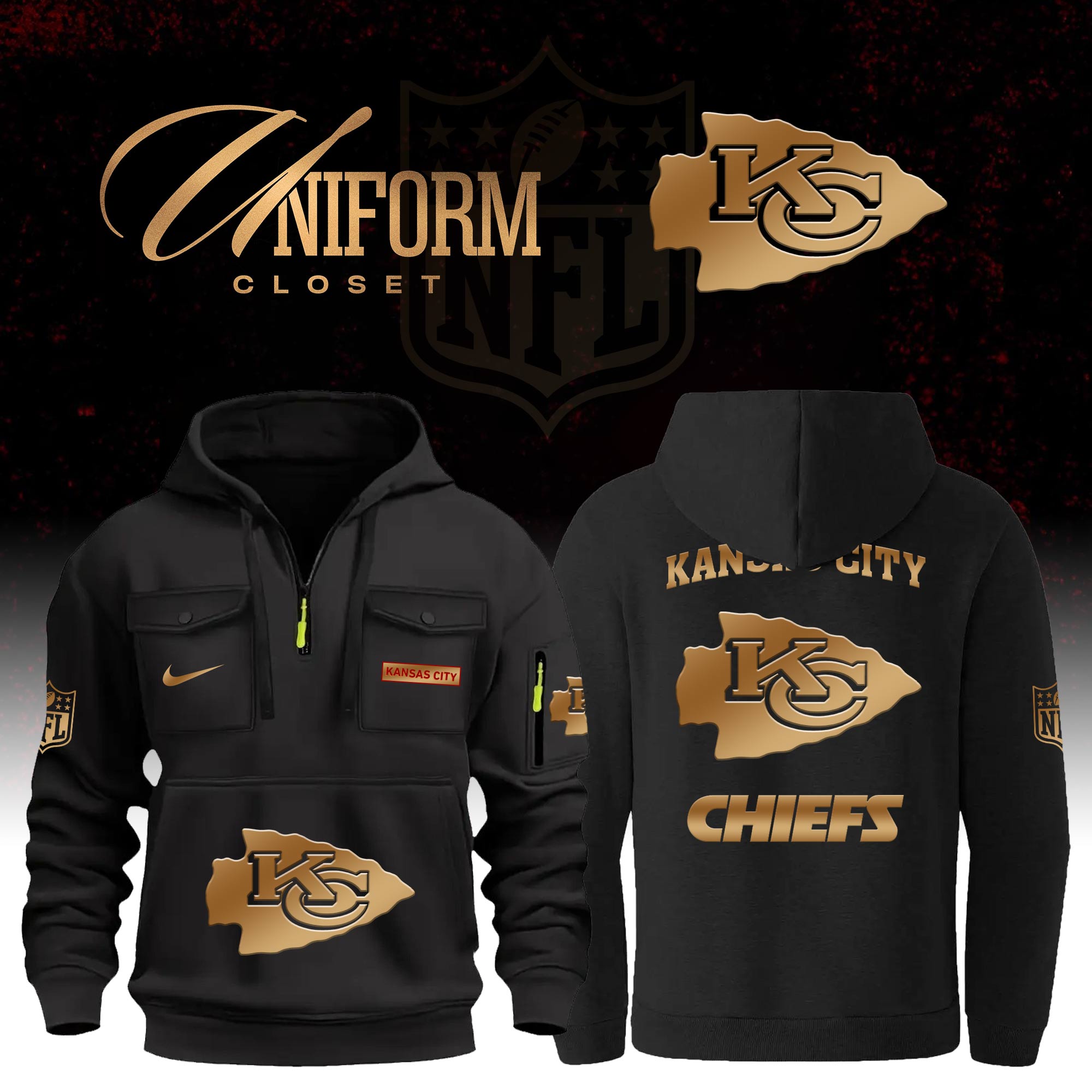 Buildercar - NFL Kansas City Chiefs Custom Name Football Multi Pocket Hoodie