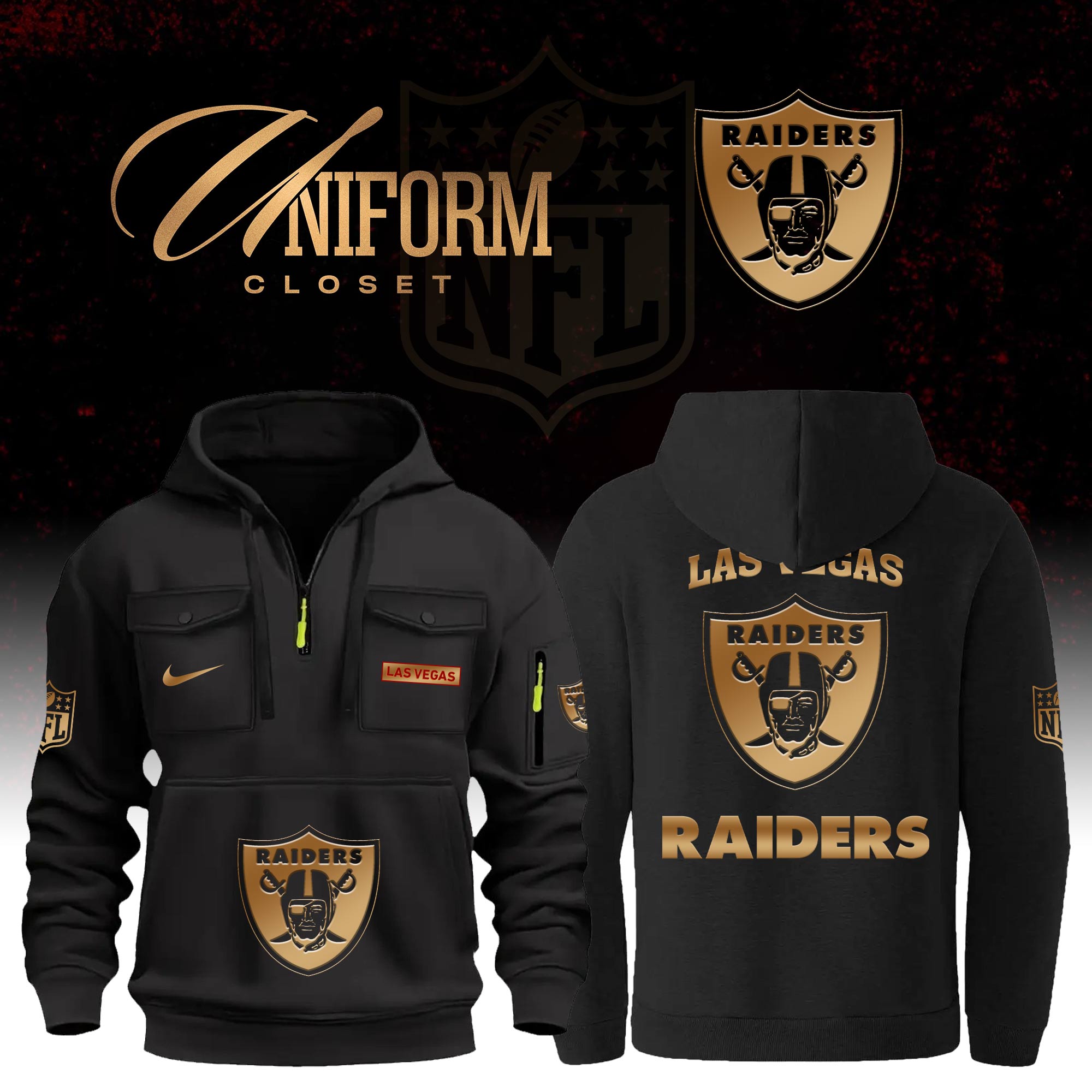 Buildercar - NFL Las Vegas Raiders Custom Name Football Multi Pocket Hoodie