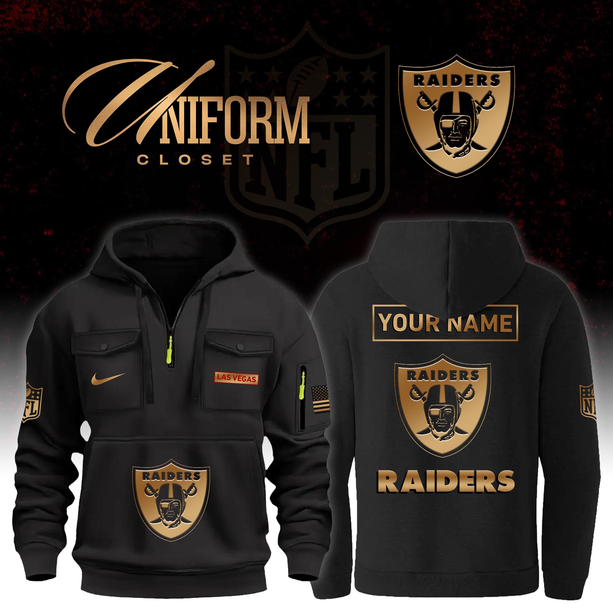 Buildercar - NFL Las Vegas Raiders Custom Name Football Multi Pocket Hoodie