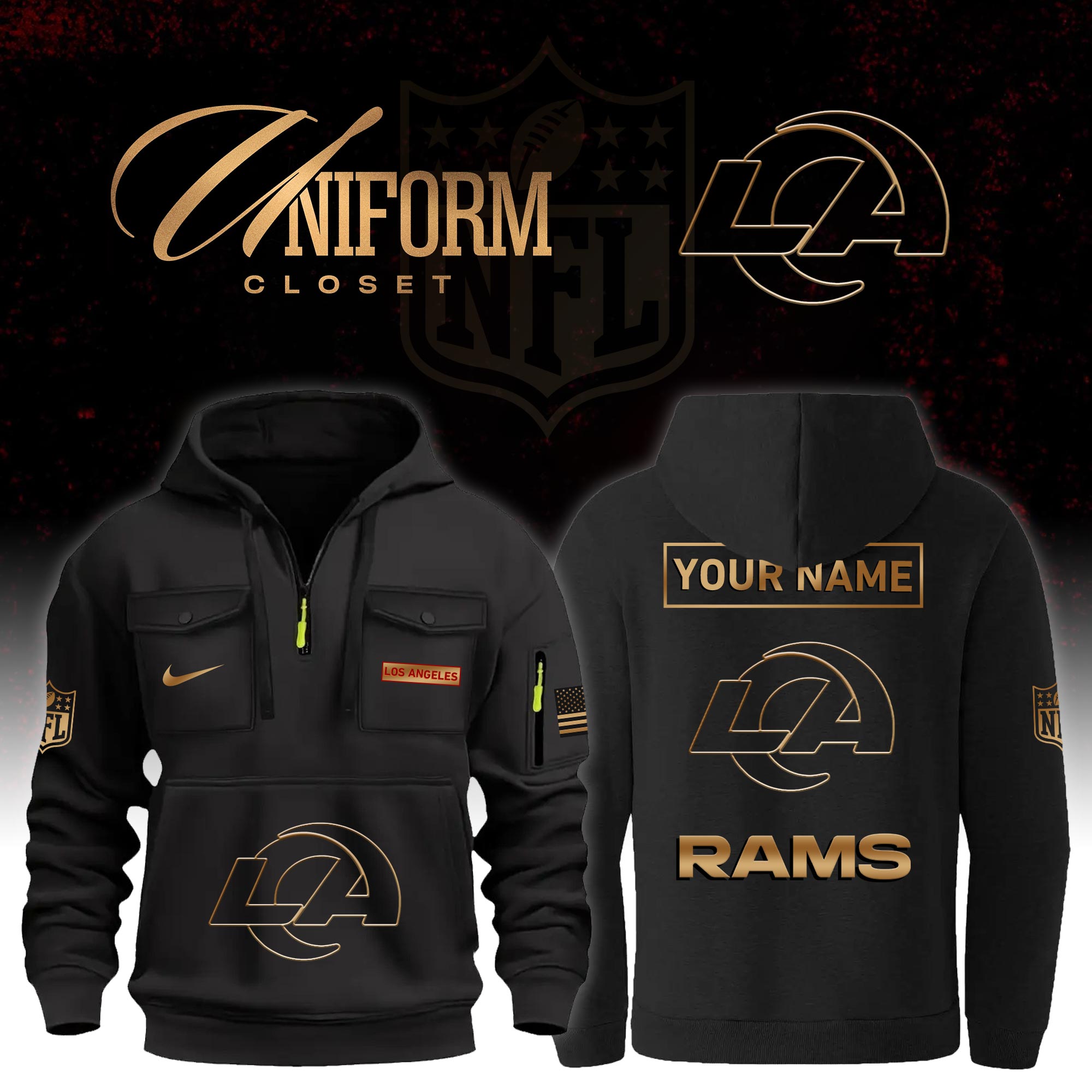 Buildercar - NFL Los Angeles Rams Custom Name Football Multi Pocket Hoodie