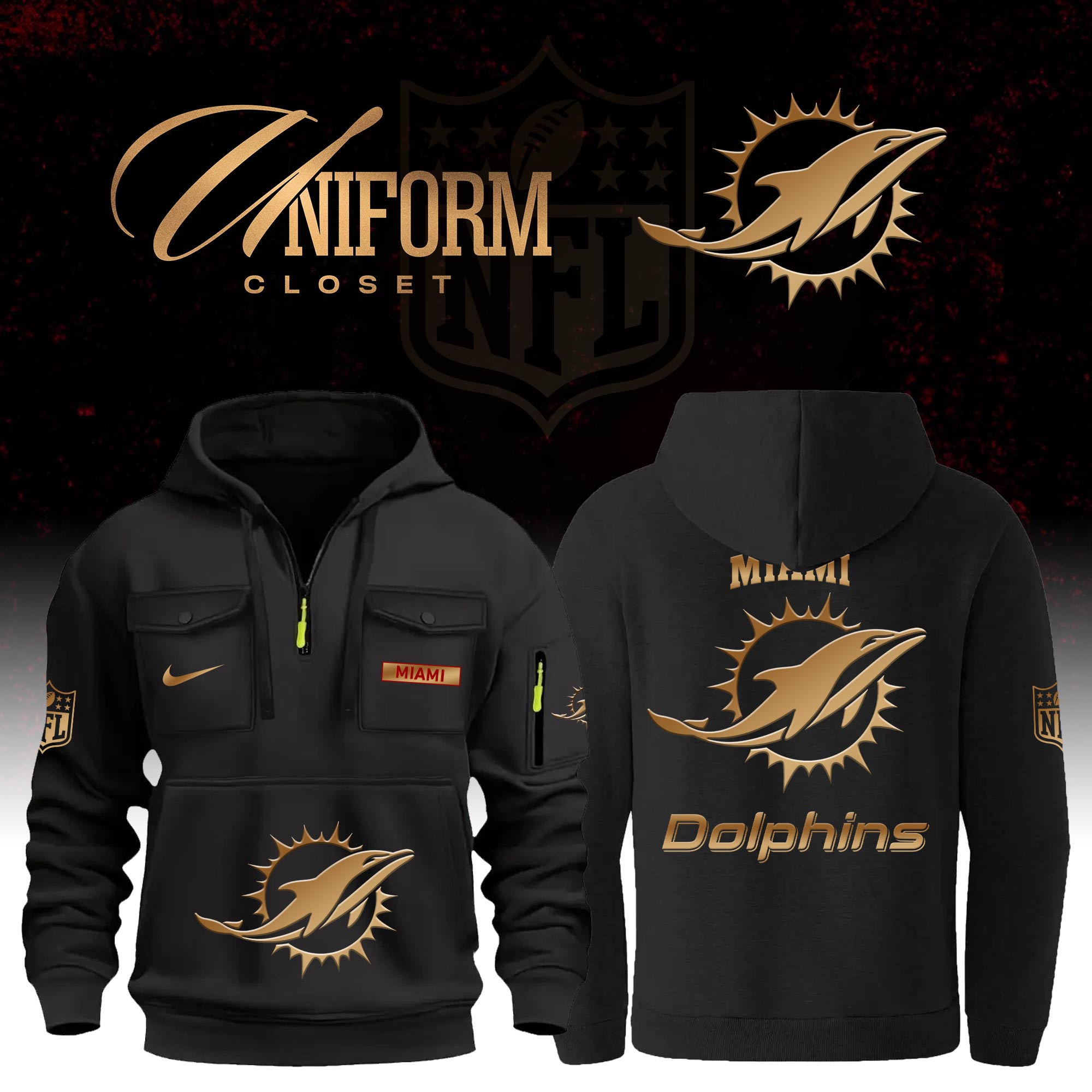 Buildercar - NFL Miami Dolphins Custom Name Football Multi Pocket Hoodie