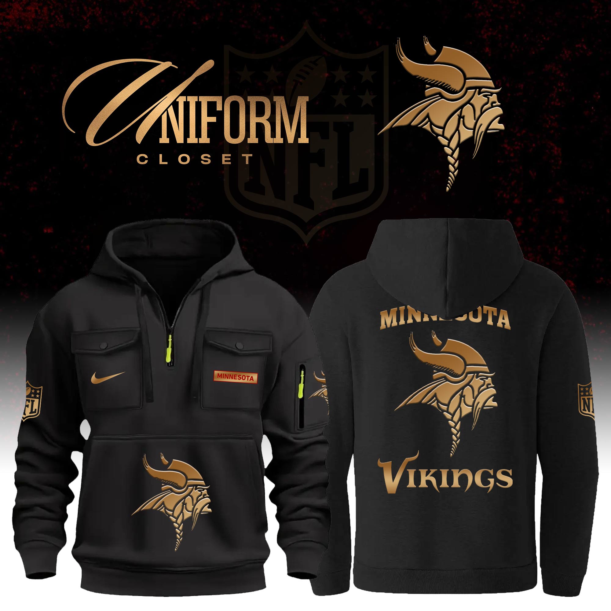 Buildercar - NFL Minnesota Vikings Custom Name Football Multi Pocket Hoodie