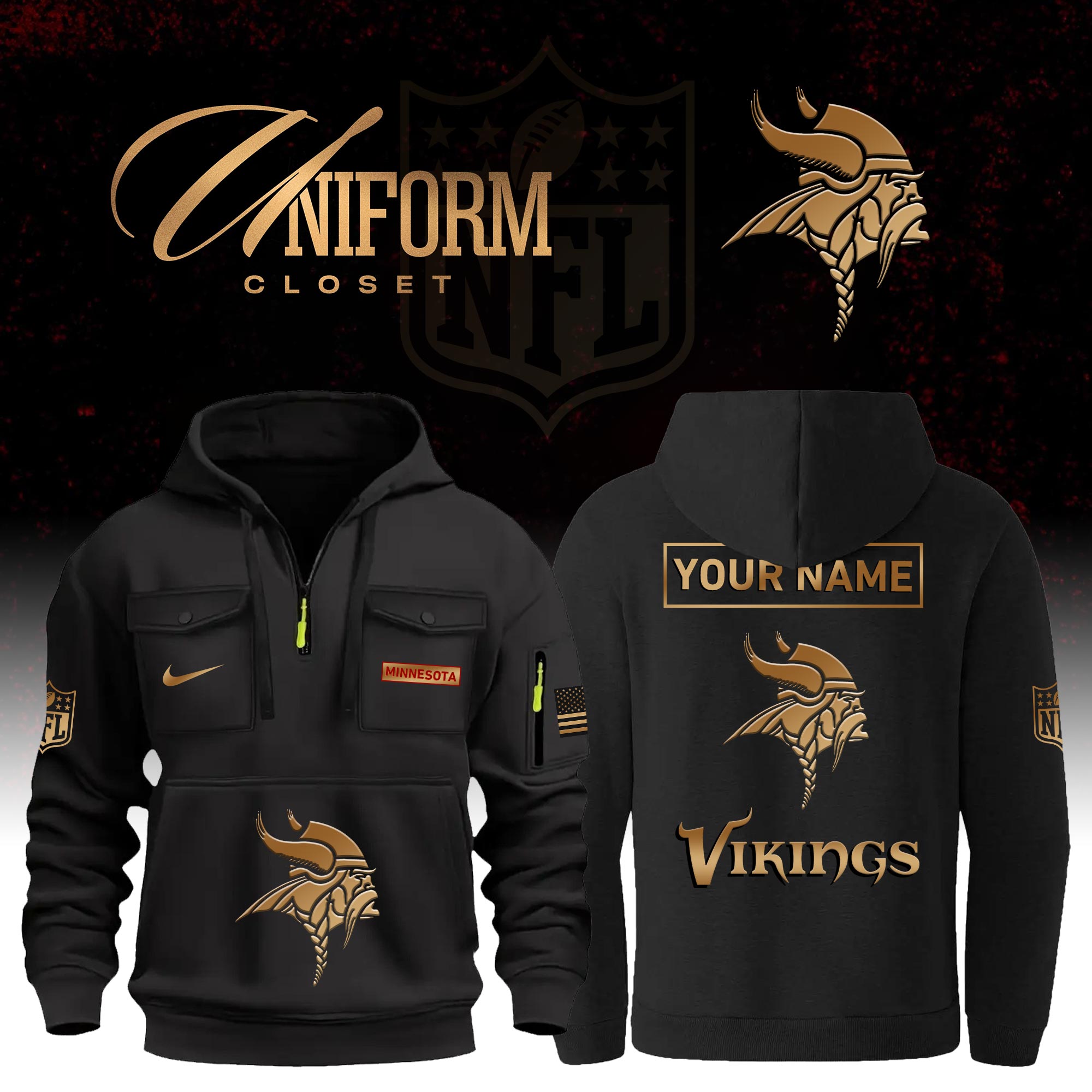 Buildercar - NFL Minnesota Vikings Custom Name Football Multi Pocket Hoodie