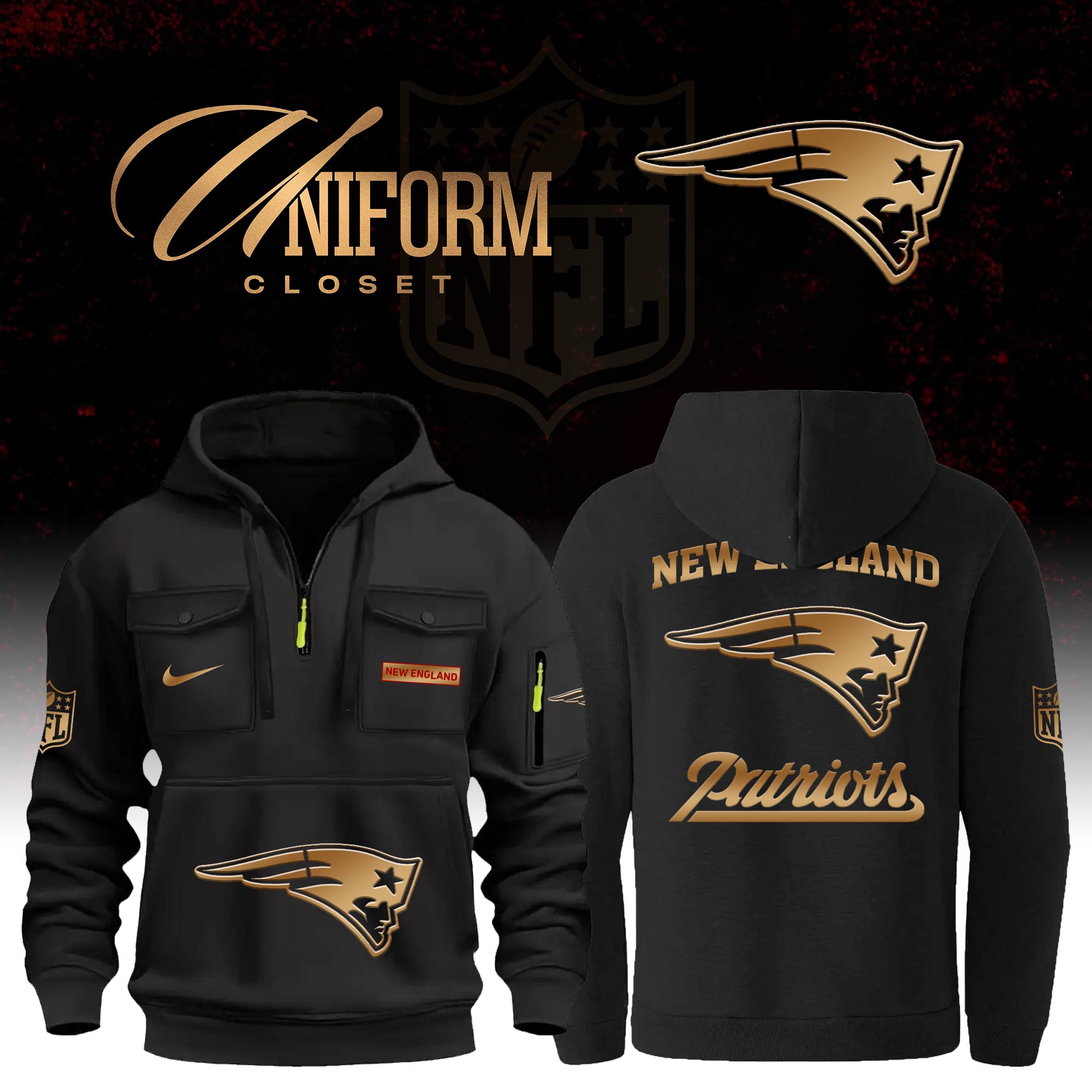 Buildercar - NFL New England Patriots Custom Name Football Multi Pocket Hoodie