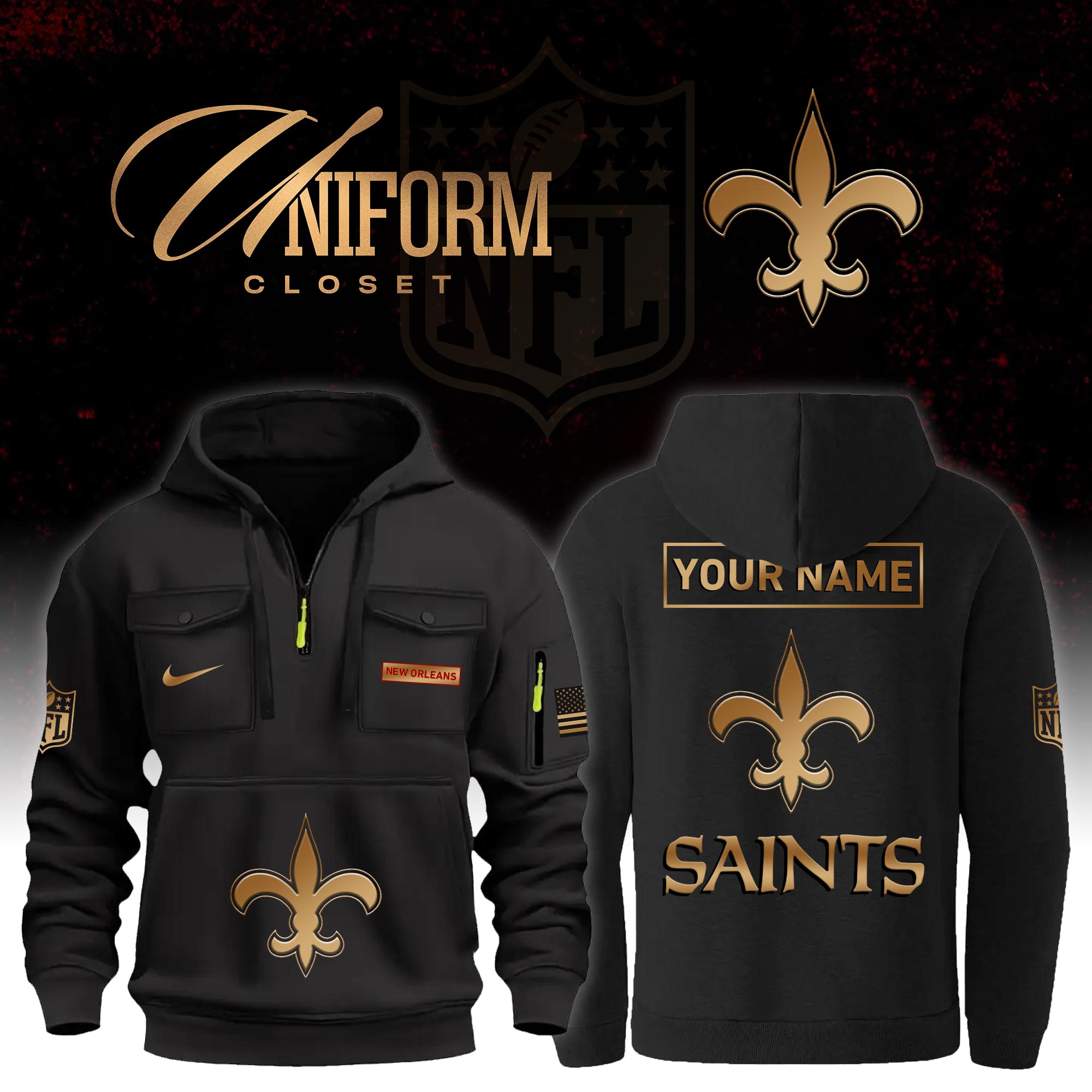 Buildercar - NFL New Orleans Saints Custom Name Football Multi Pocket Hoodie