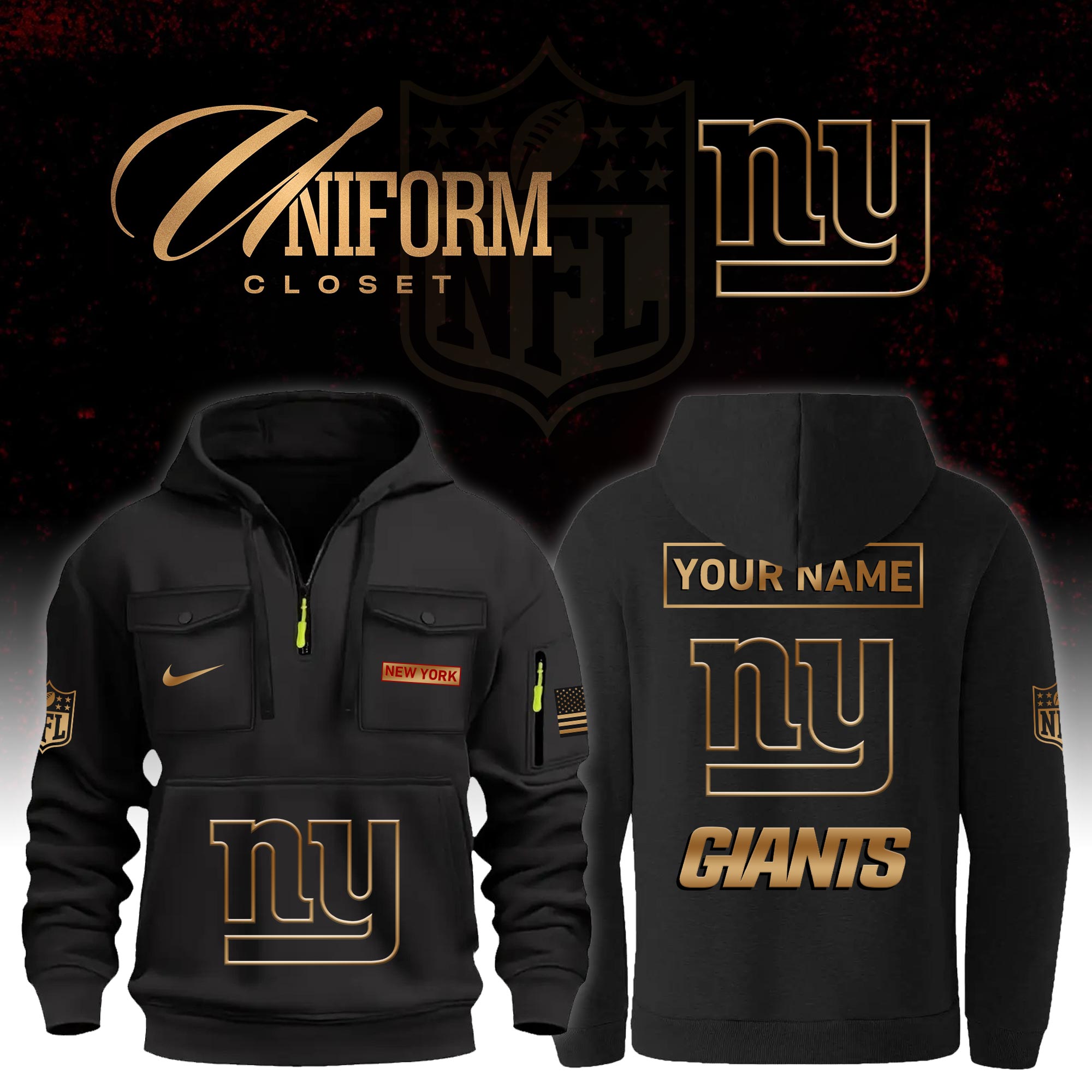 Buildercar - NFL New York Giants Custom Name Football Multi Pocket Hoodie