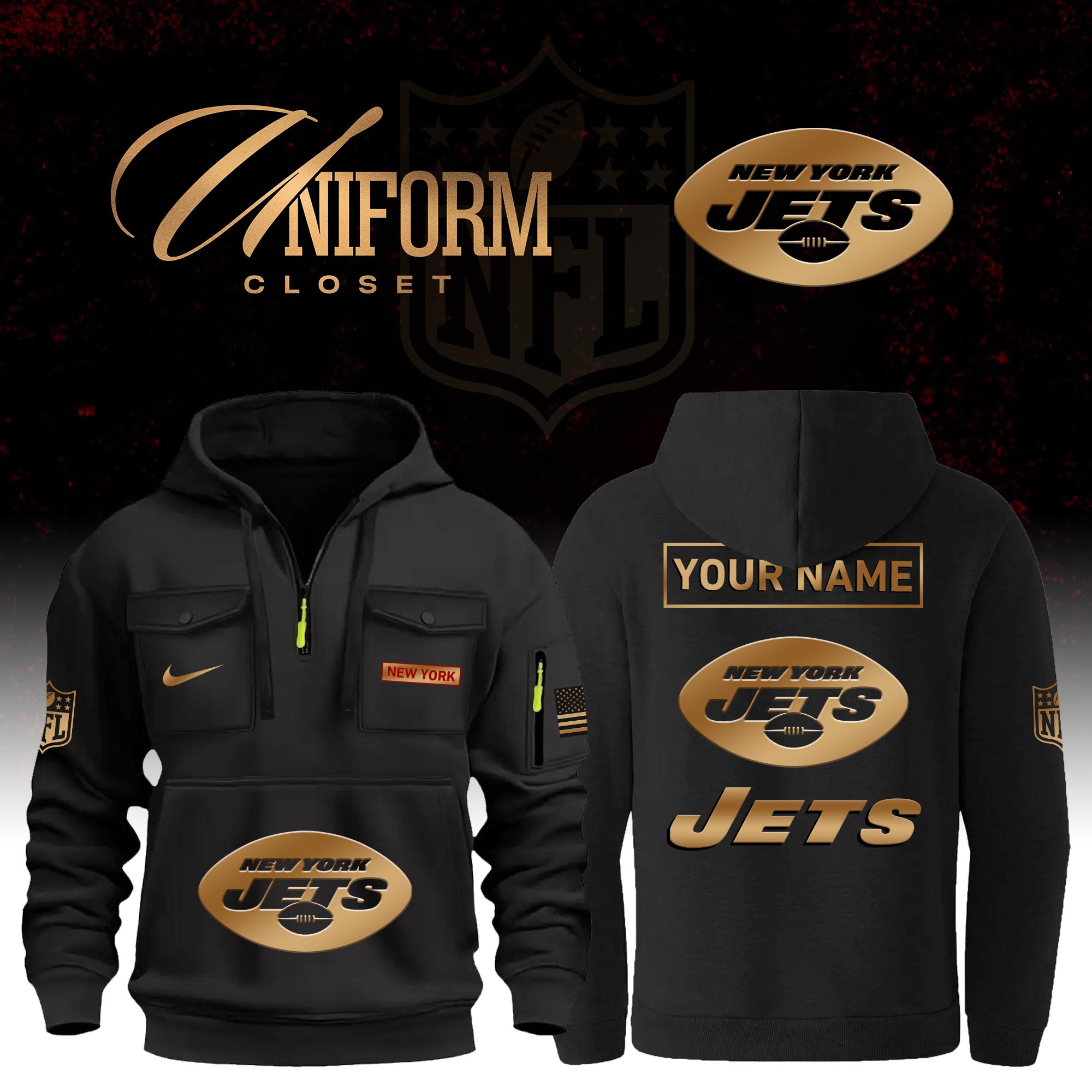 Buildercar - NFL New York Jets Custom Name Football Multi Pocket Hoodie