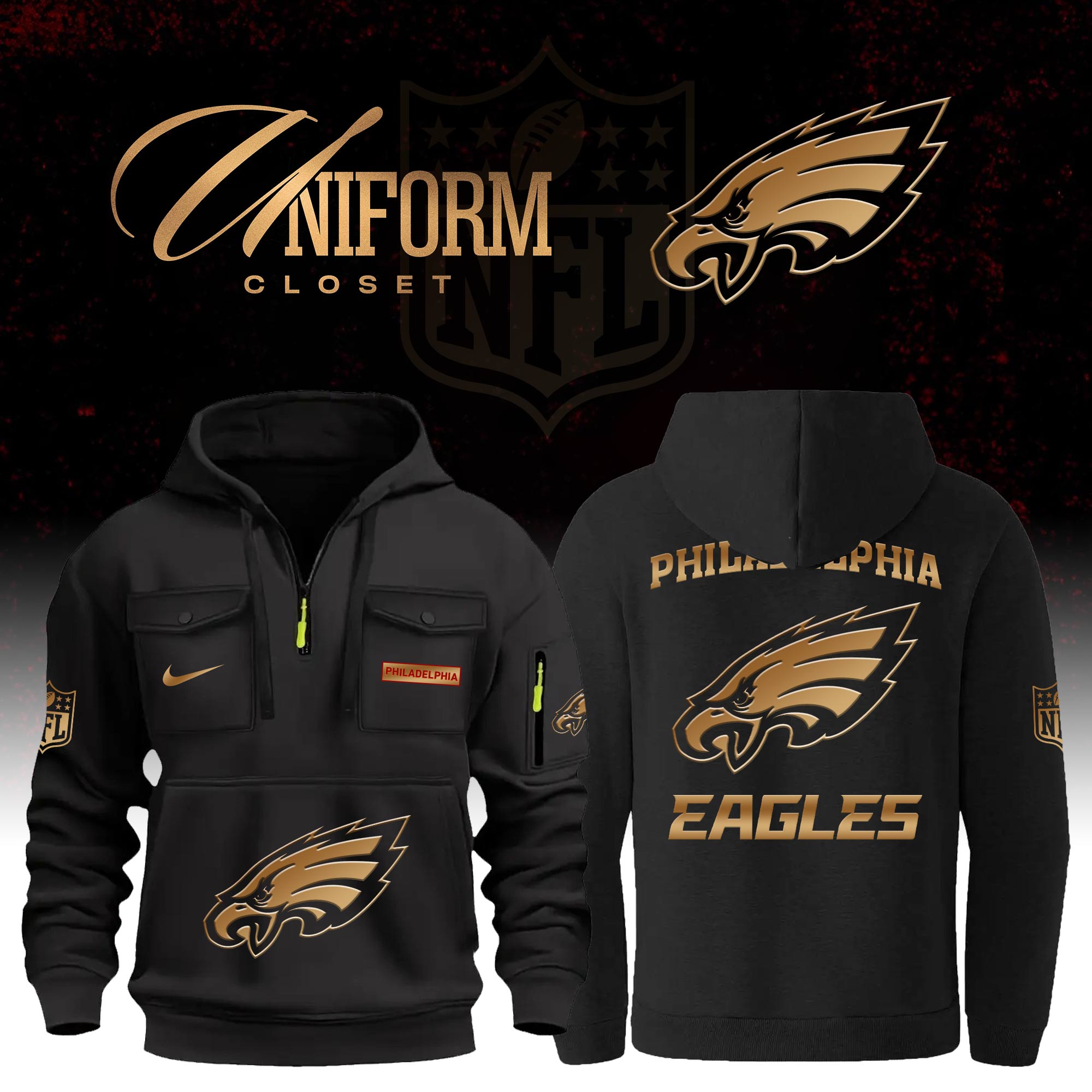 Buildercar - NFL Philadelphia Eagles Custom Name Football Multi Pocket Hoodie
