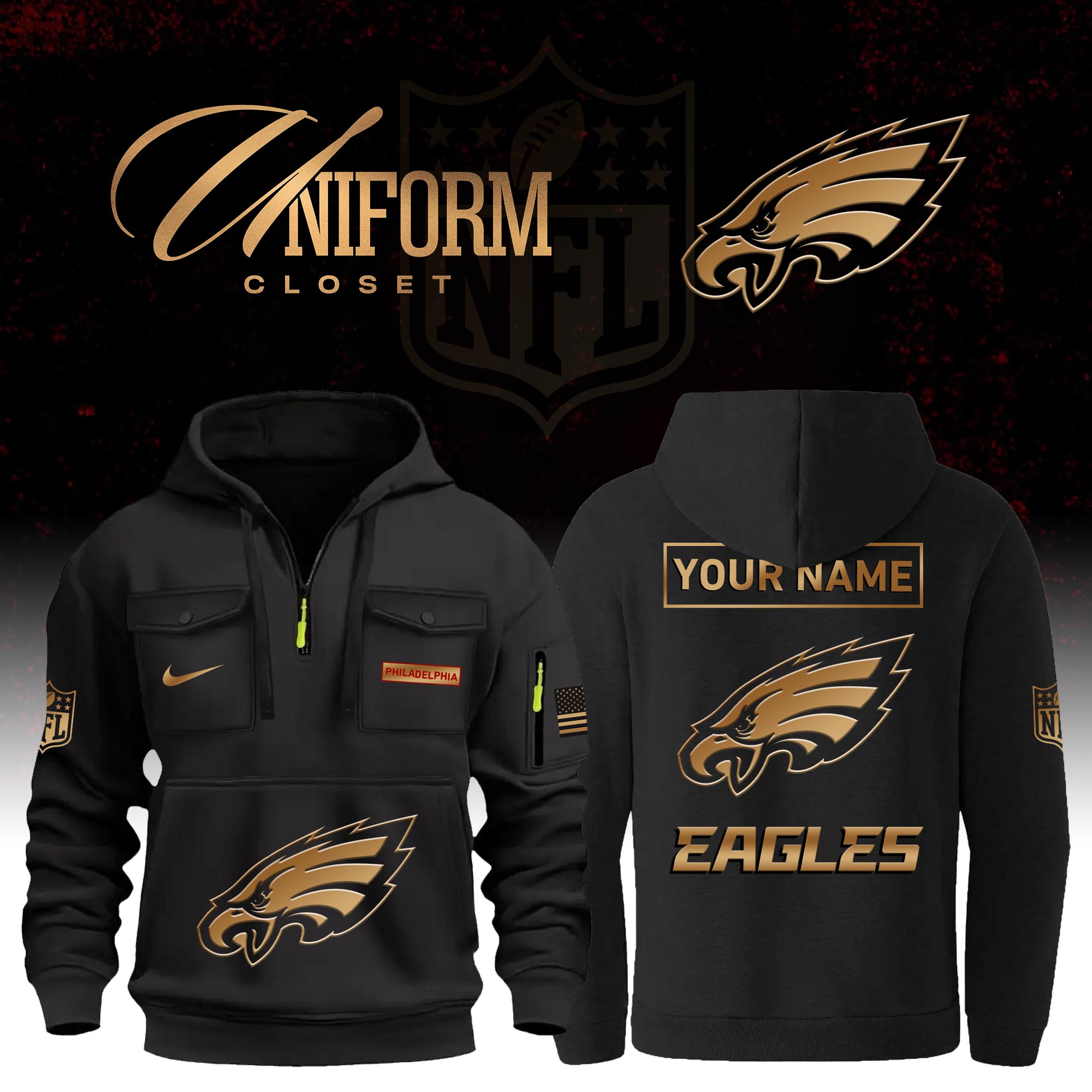 Buildercar - NFL Philadelphia Eagles Custom Name Football Multi Pocket Hoodie