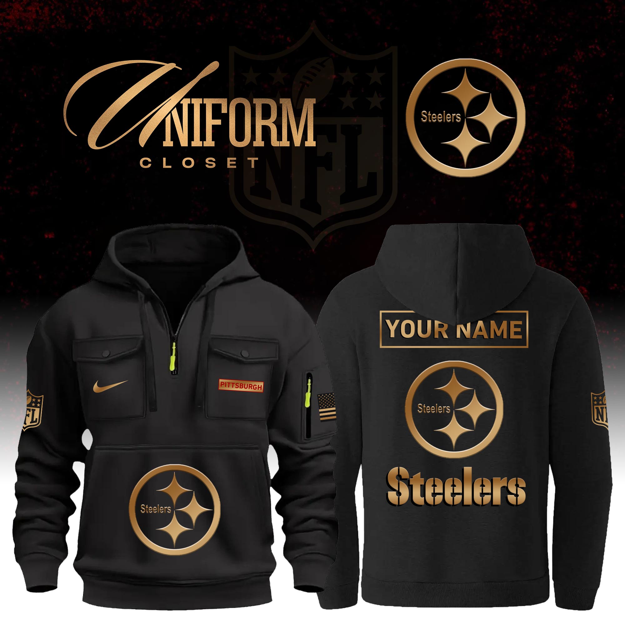 Buildercar - NFL Pittsburgh Steelers Custom Name Football Multi Pocket Hoodie
