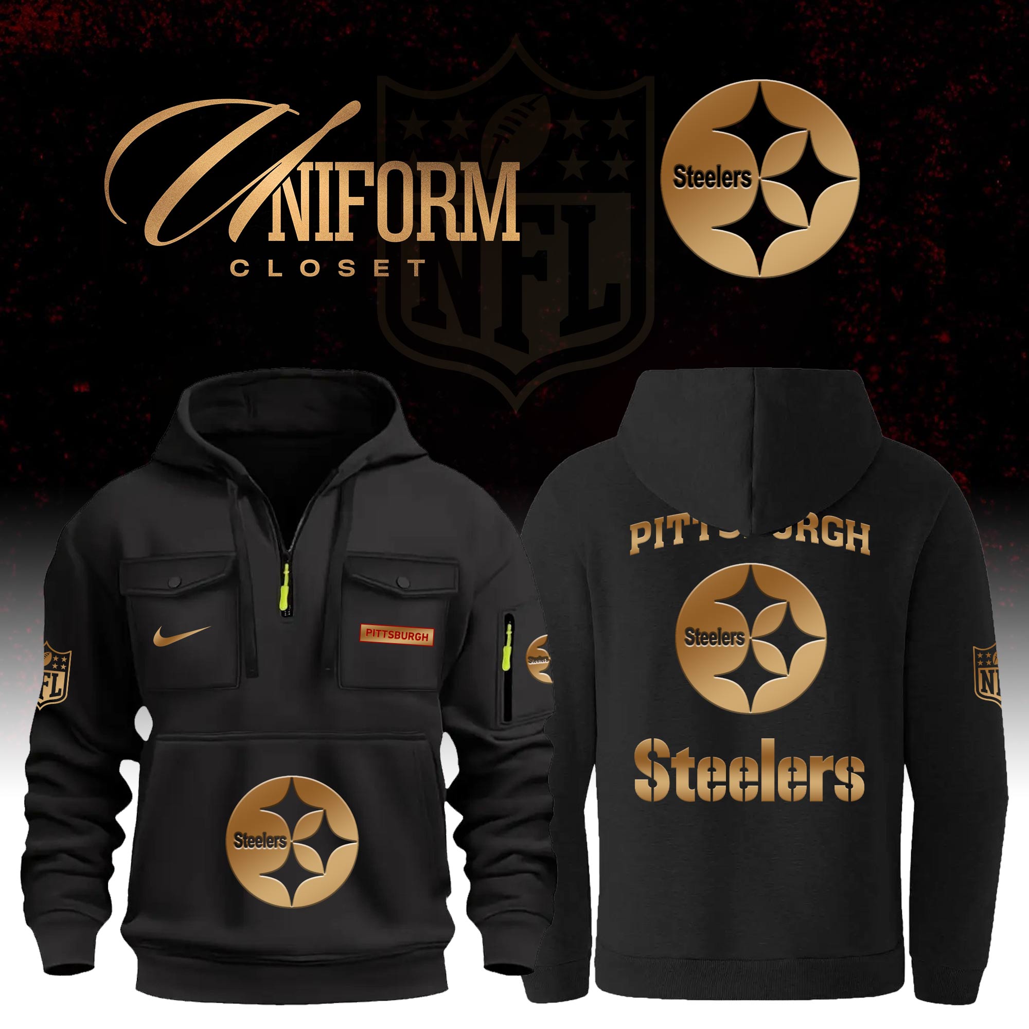 Buildercar - NFL Pittsburgh Steelers Custom Name Football Multi Pocket Hoodie